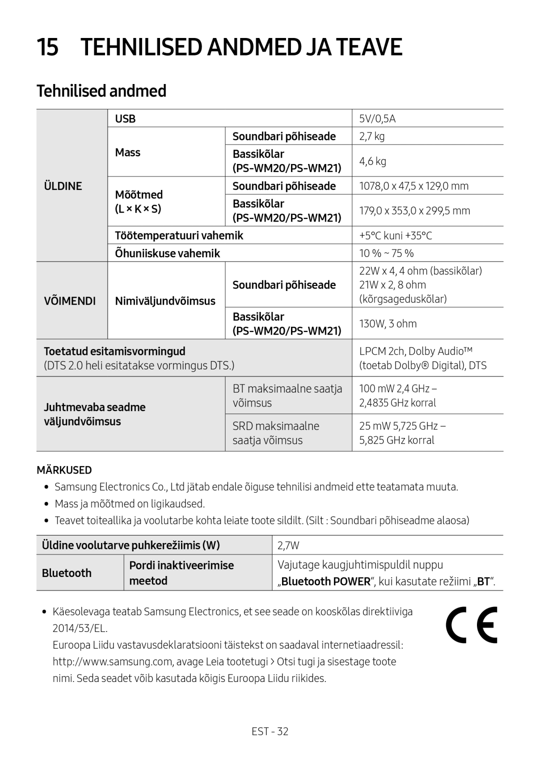 Samsung HW-M4510/XE, HW-M4500/ZG, HW-M4500/EN, HW-M4500/ZF, HW-M4501/ZF manual Tehnilised Andmed JA Teave, Tehnilised andmed 