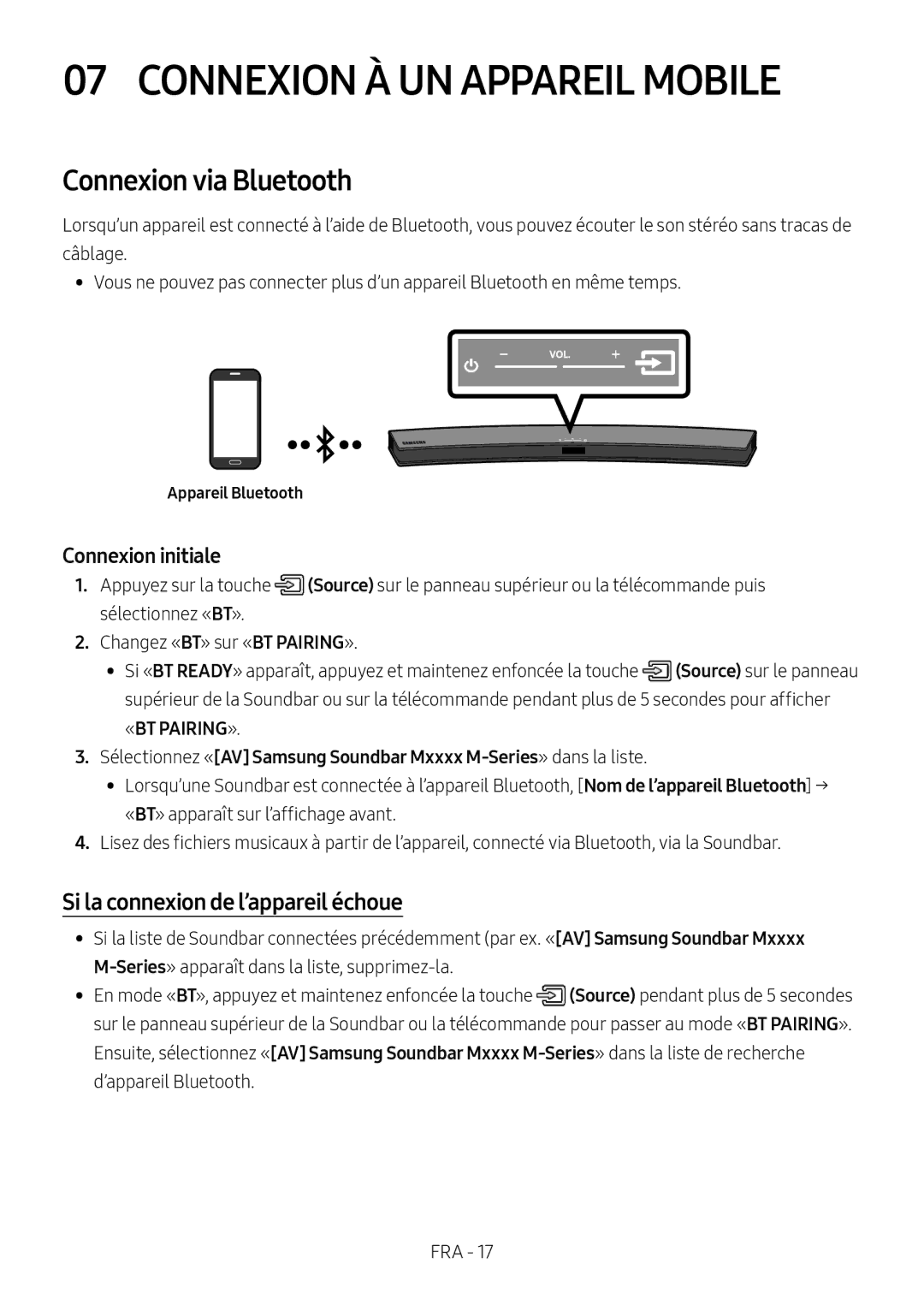 Samsung HW-M4510/XE manual Connexion À UN Appareil Mobile, Connexion via Bluetooth, Si la connexion de l’appareil échoue 