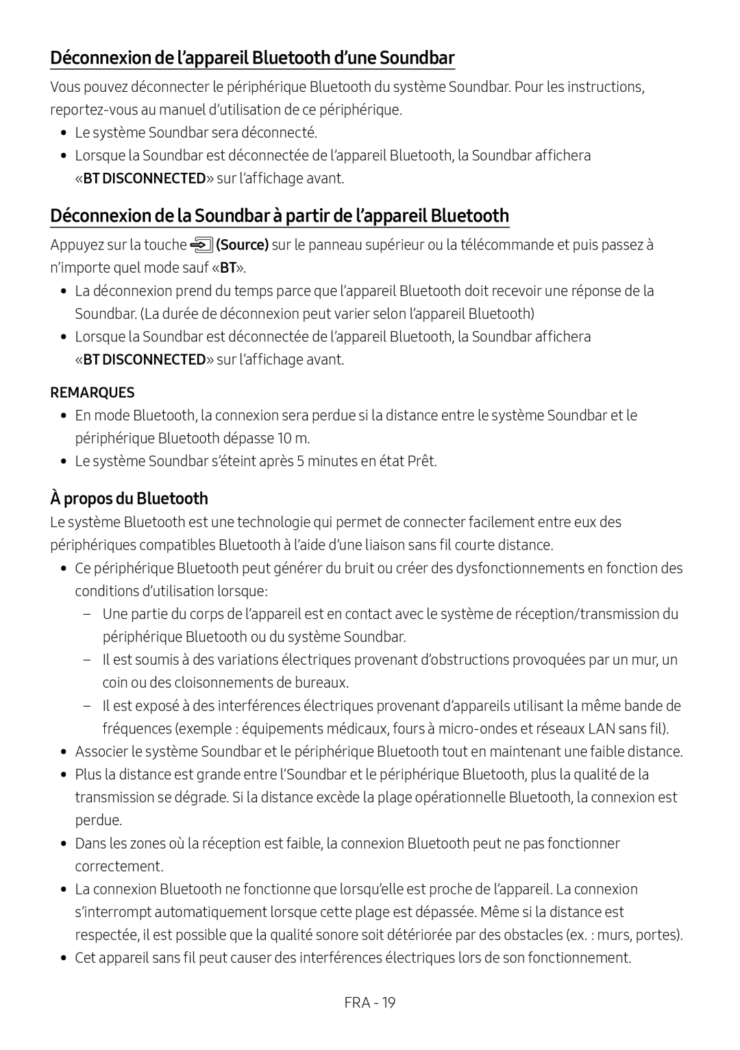 Samsung HW-M4500/EN, HW-M4500/ZG, HW-M4500/ZF manual Déconnexion de l’appareil Bluetooth d’une Soundbar, Propos du Bluetooth 