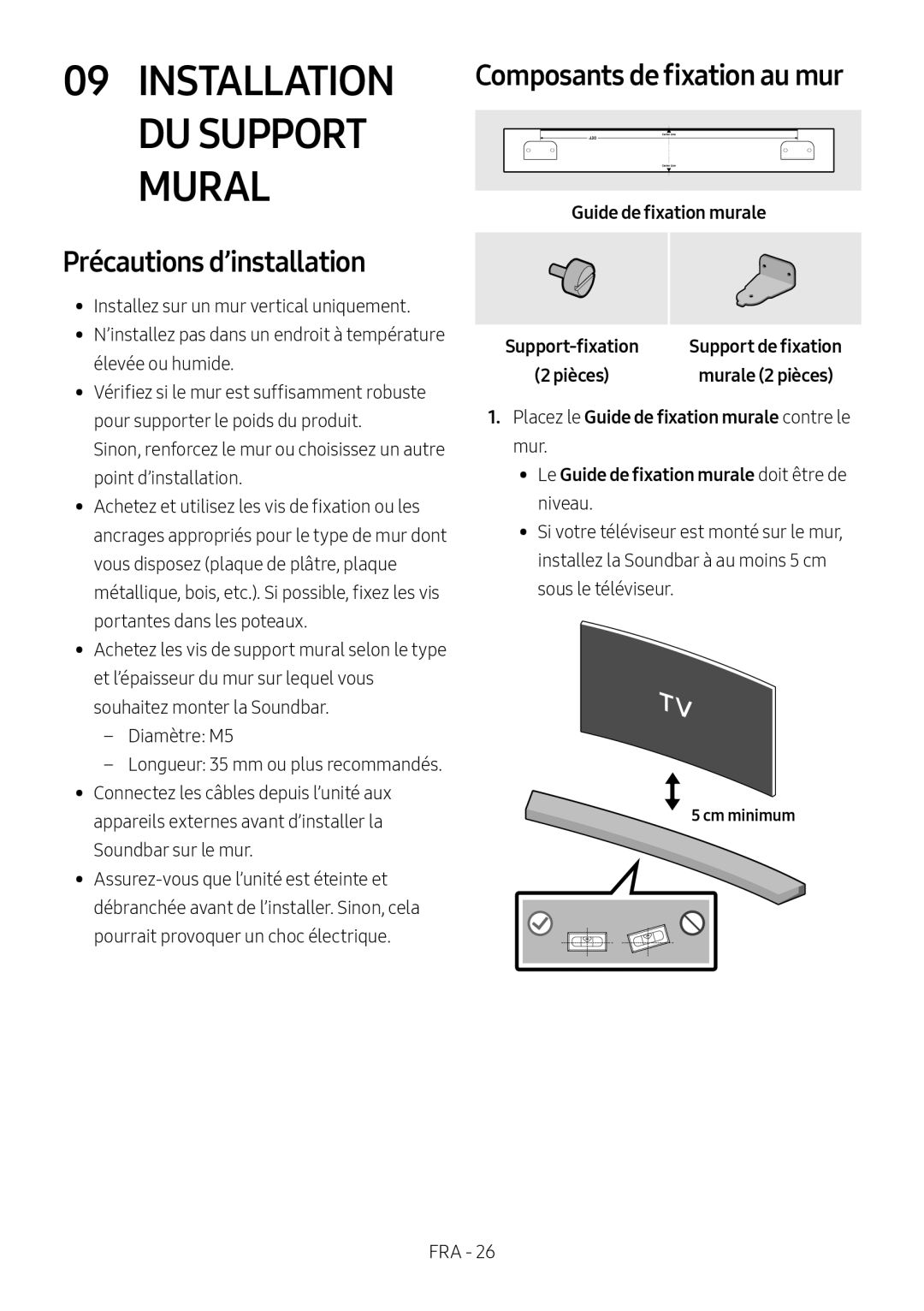 Samsung HW-M4500/EN manual Composants de fixation au mur, Précautions d’installation, Guide de fixation murale, Cm minimum 