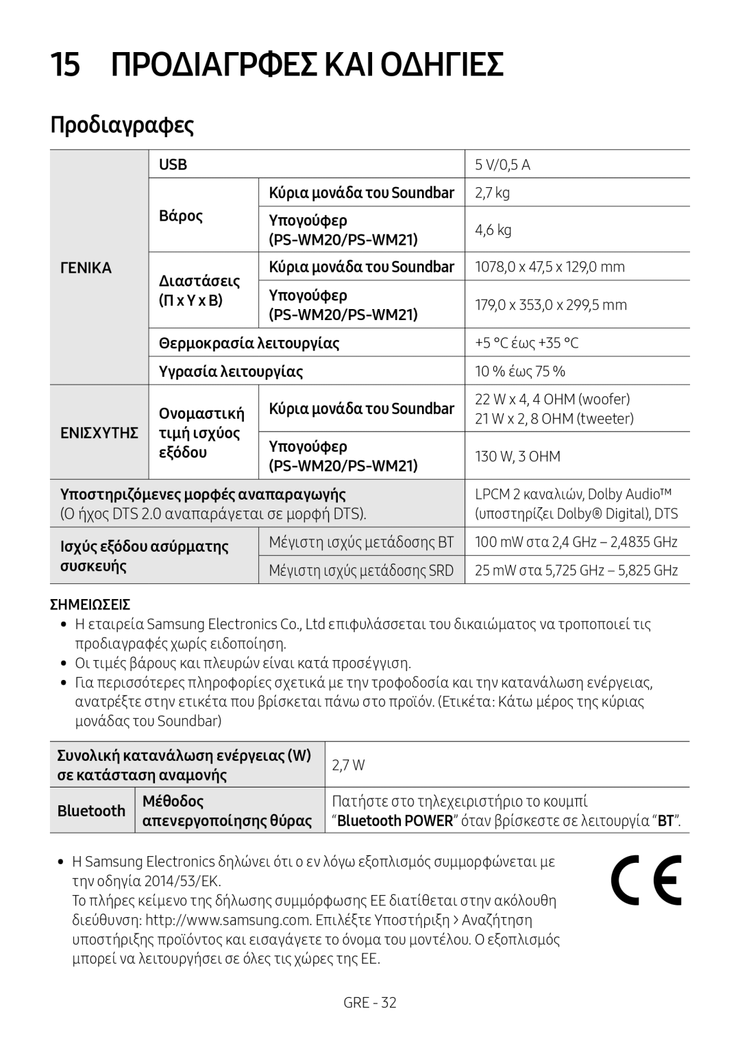 Samsung HW-M4500/EN, HW-M4500/ZG, HW-M4500/ZF, HW-M4501/ZF, HW-M4501/EN, HW-M4511/XE 15 Προδιαγρφεσ ΚΑΙ Οδηγιεσ, Προδιαγραφες 