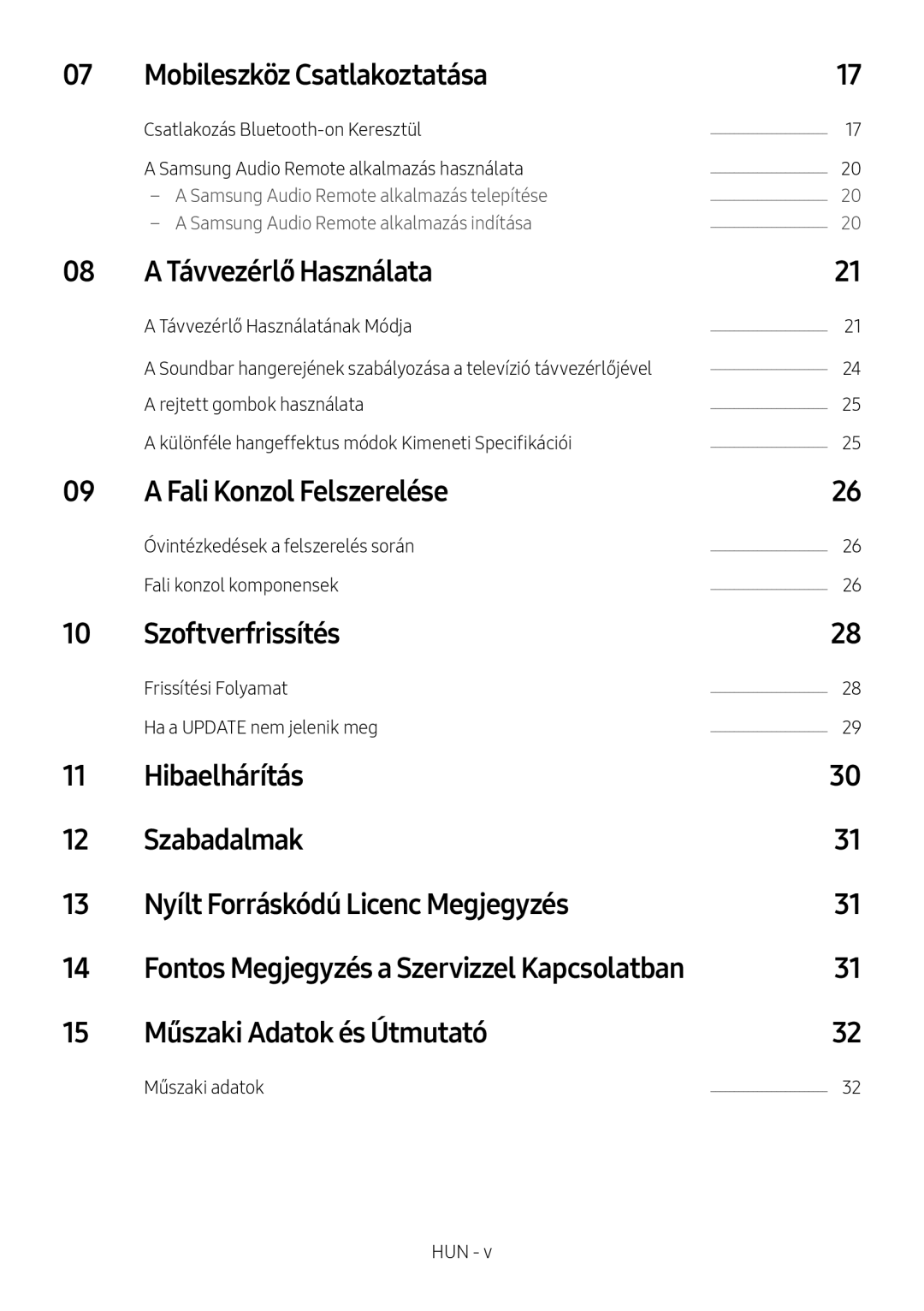 Samsung HW-M4510/XE manual Mobileszköz Csatlakoztatása, Távvezérlő Használata, Fali Konzol Felszerelése, Szoftverfrissítés 