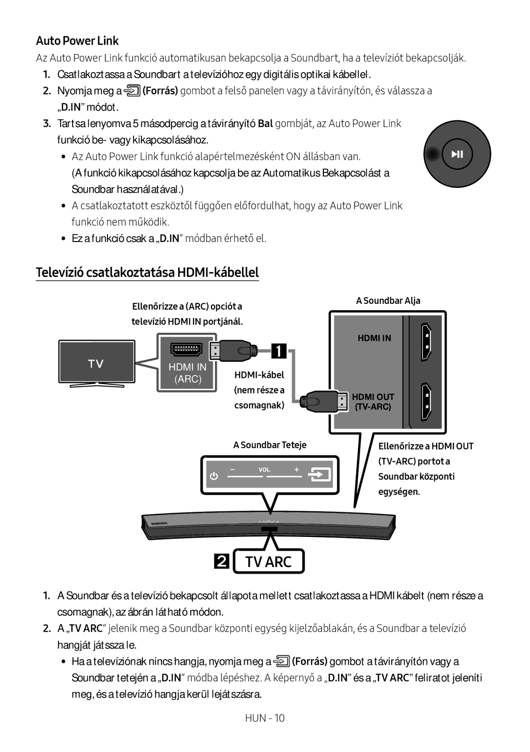 Samsung HW-M4500/EN, HW-M4500/ZG, HW-M4500/ZF, HW-M4501/ZF manual Televízió csatlakoztatása HDMI-kábellel, Auto Power Link 