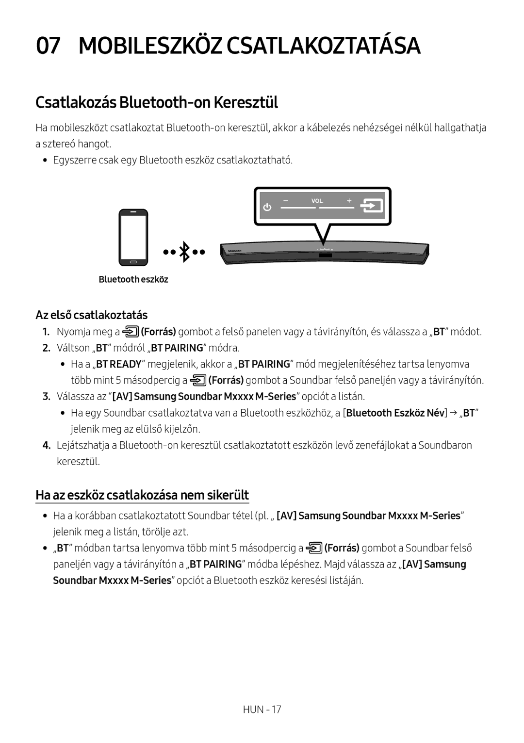 Samsung HW-M4500/EN, HW-M4500/ZG manual Mobileszköz Csatlakoztatása, Csatlakozás Bluetooth-on Keresztül, Bluetooth eszköz 