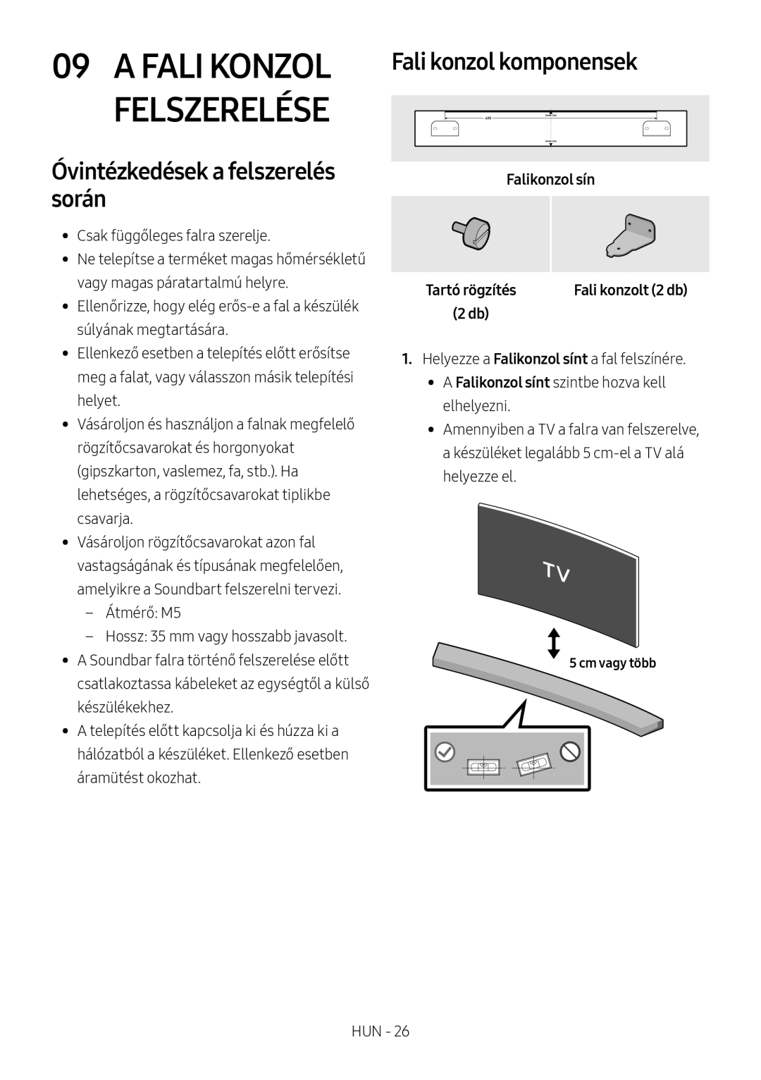 Samsung HW-M4501/ZF Fali Konzol Felszerelése, Fali konzol komponensek, Óvintézkedések a felszerelés során, Falikonzol sín 