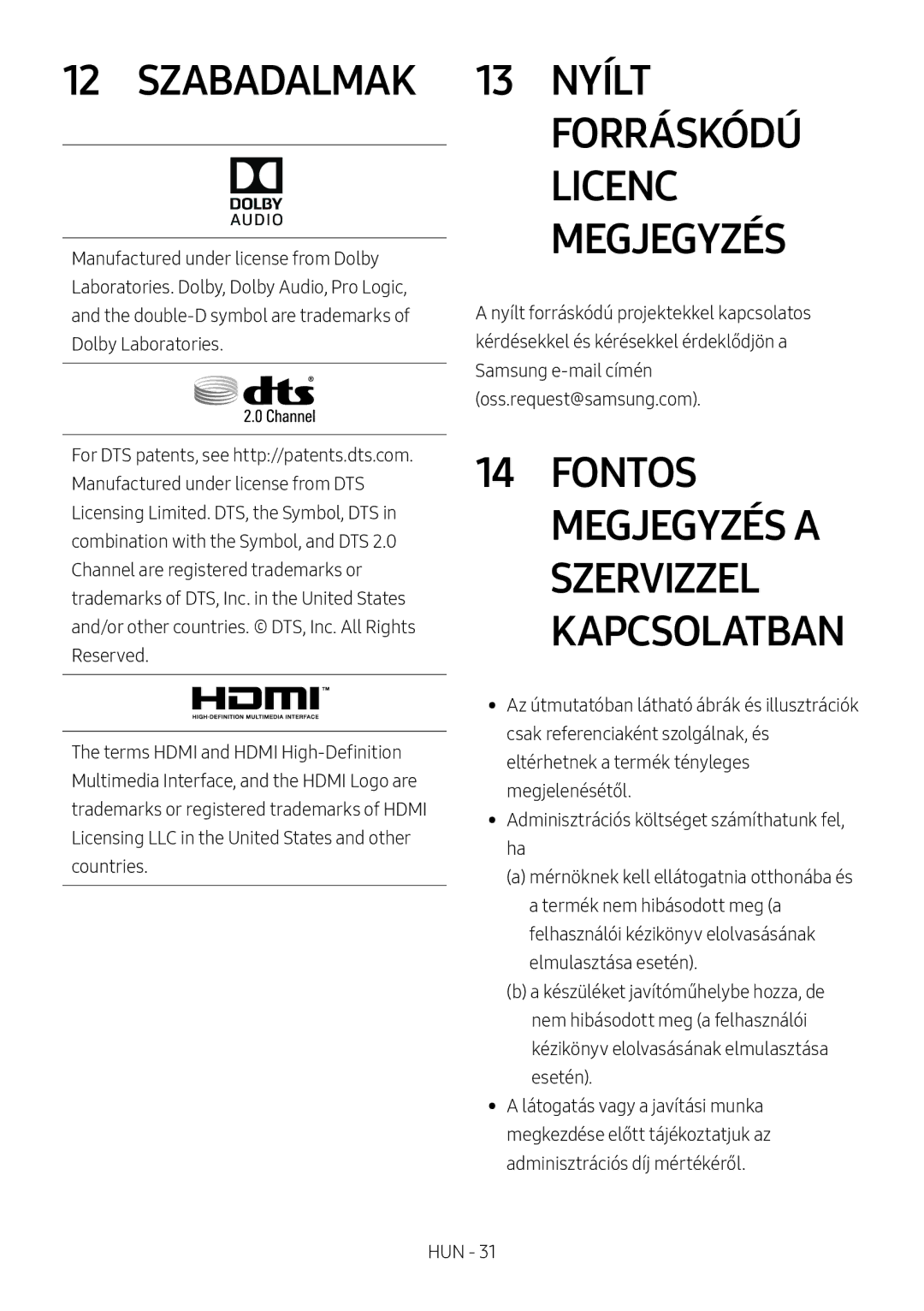 Samsung HW-M4500/EN, HW-M4500/ZG manual Szabadalmak, 13 Nyílt, Megjegyzés, Samsung e-mail címén oss.request@samsung.com 