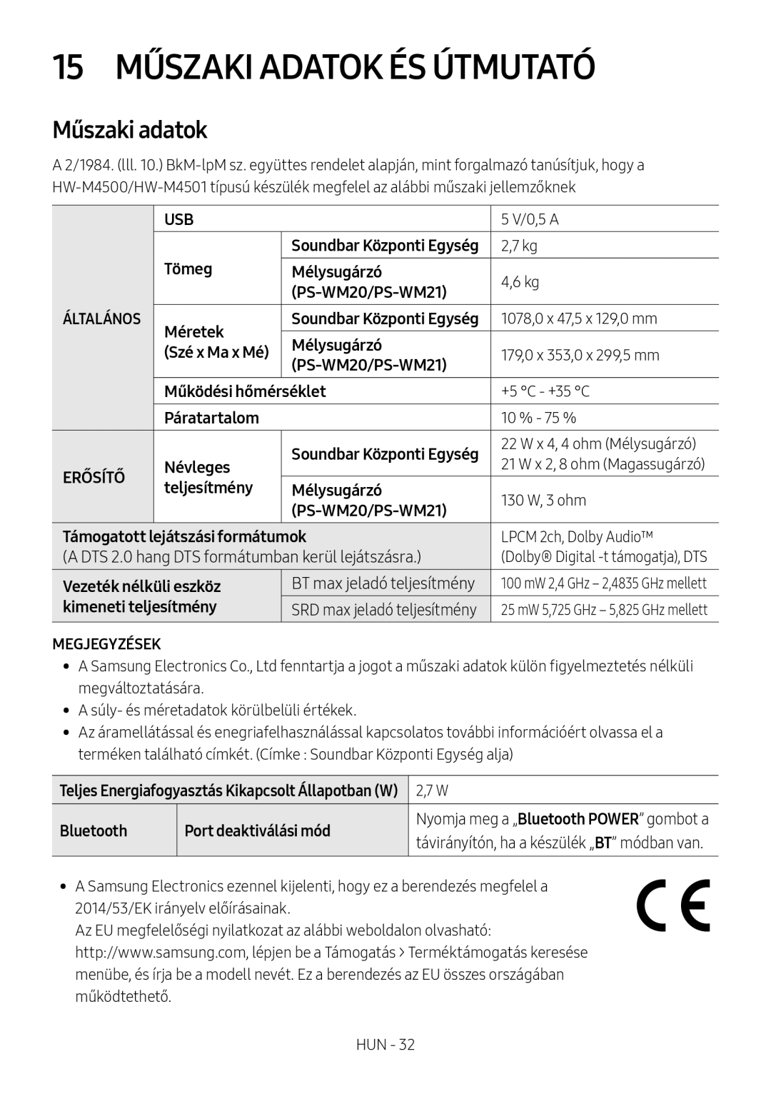 Samsung HW-M4500/ZF, HW-M4500/ZG, HW-M4500/EN, HW-M4501/ZF, HW-M4501/EN manual 15 Műszaki Adatok ÉS Útmutató, Műszaki adatok 