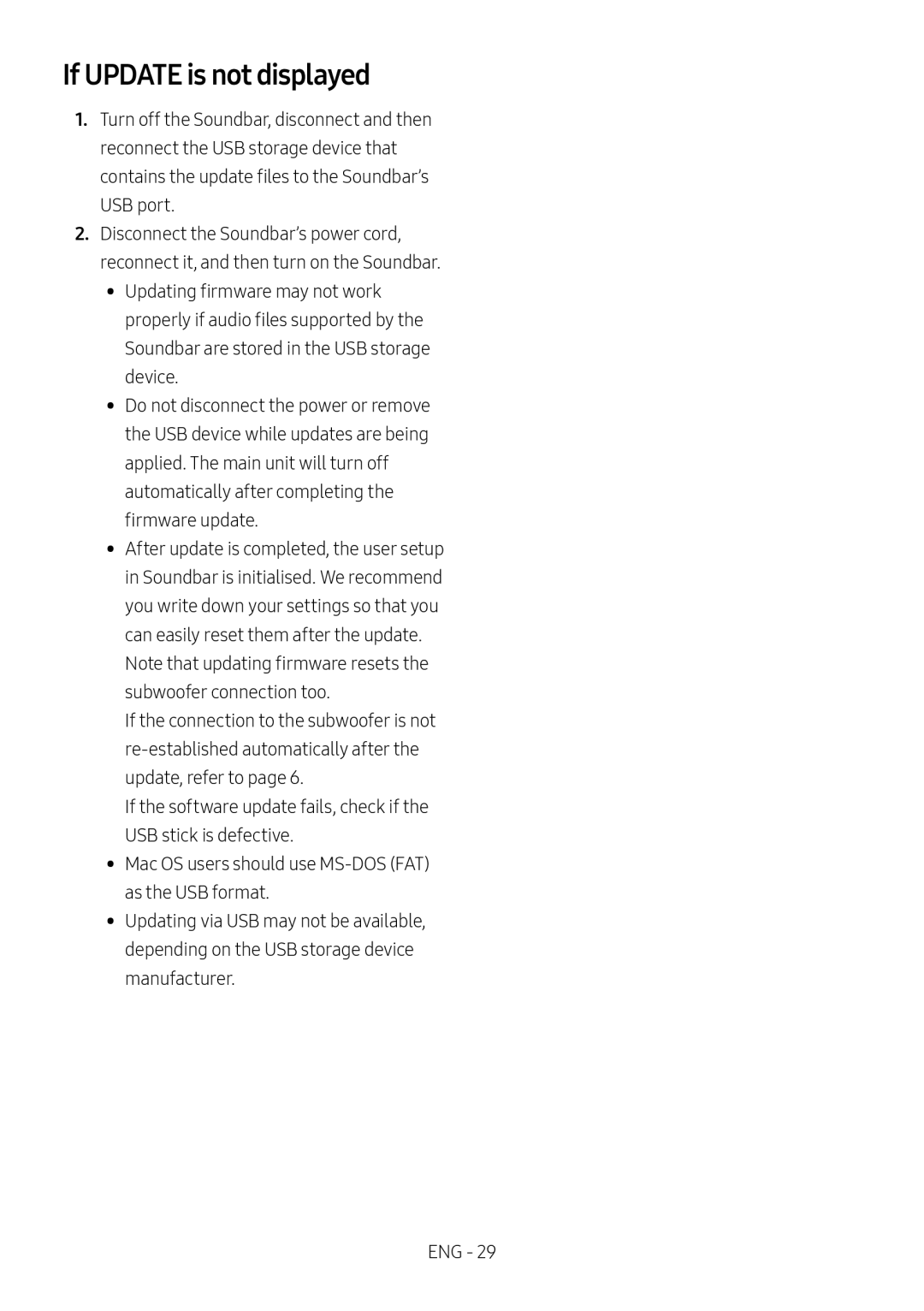 Samsung HW-M4511/XE, HW-M4500/ZG, HW-M4500/EN, HW-M4500/ZF, HW-M4501/ZF, HW-M4501/EN manual If Update is not displayed, USB port 