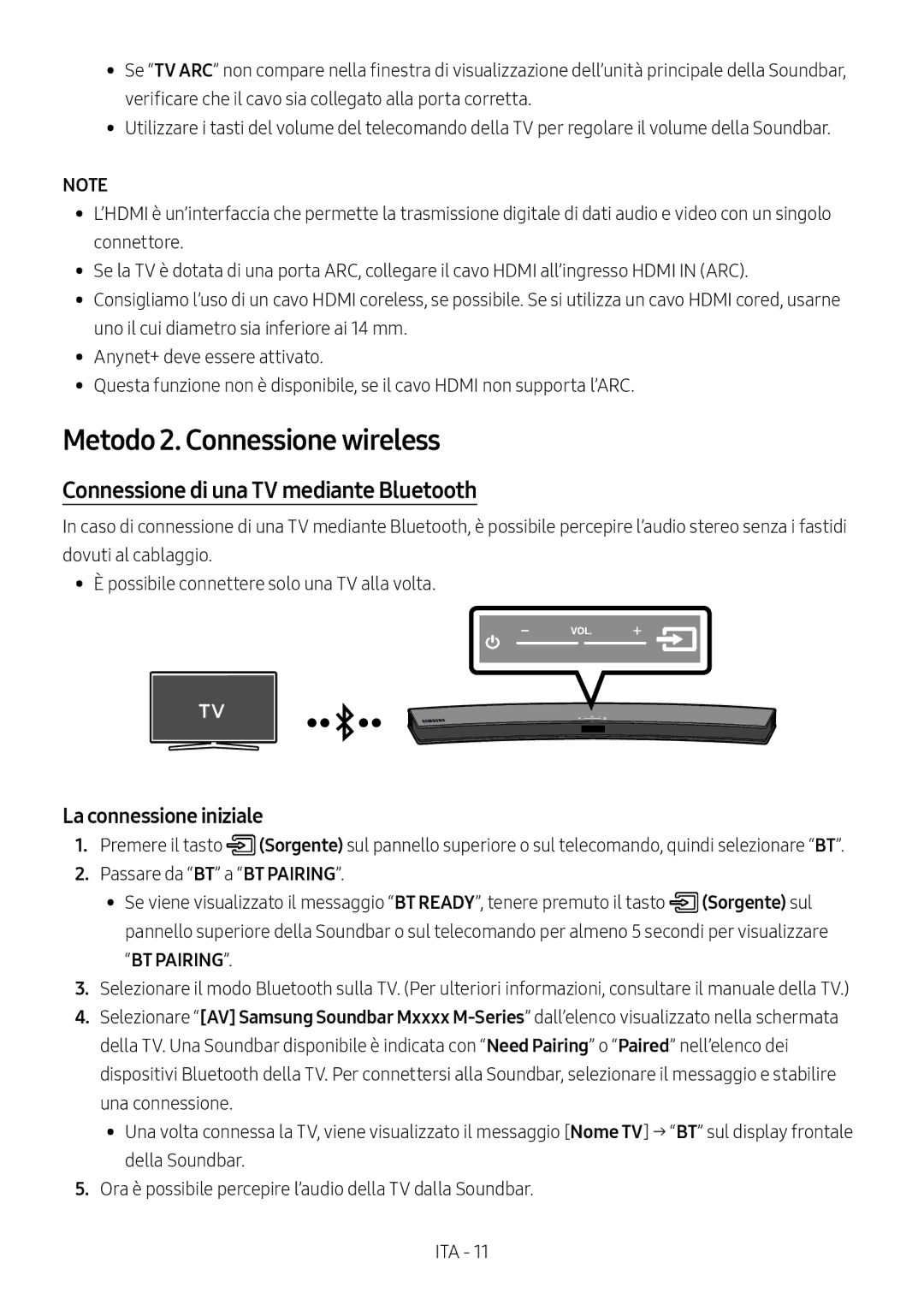 Samsung HW-M4501/ZF Metodo 2. Connessione wireless, Connessione di una TV mediante Bluetooth, La connessione iniziale 