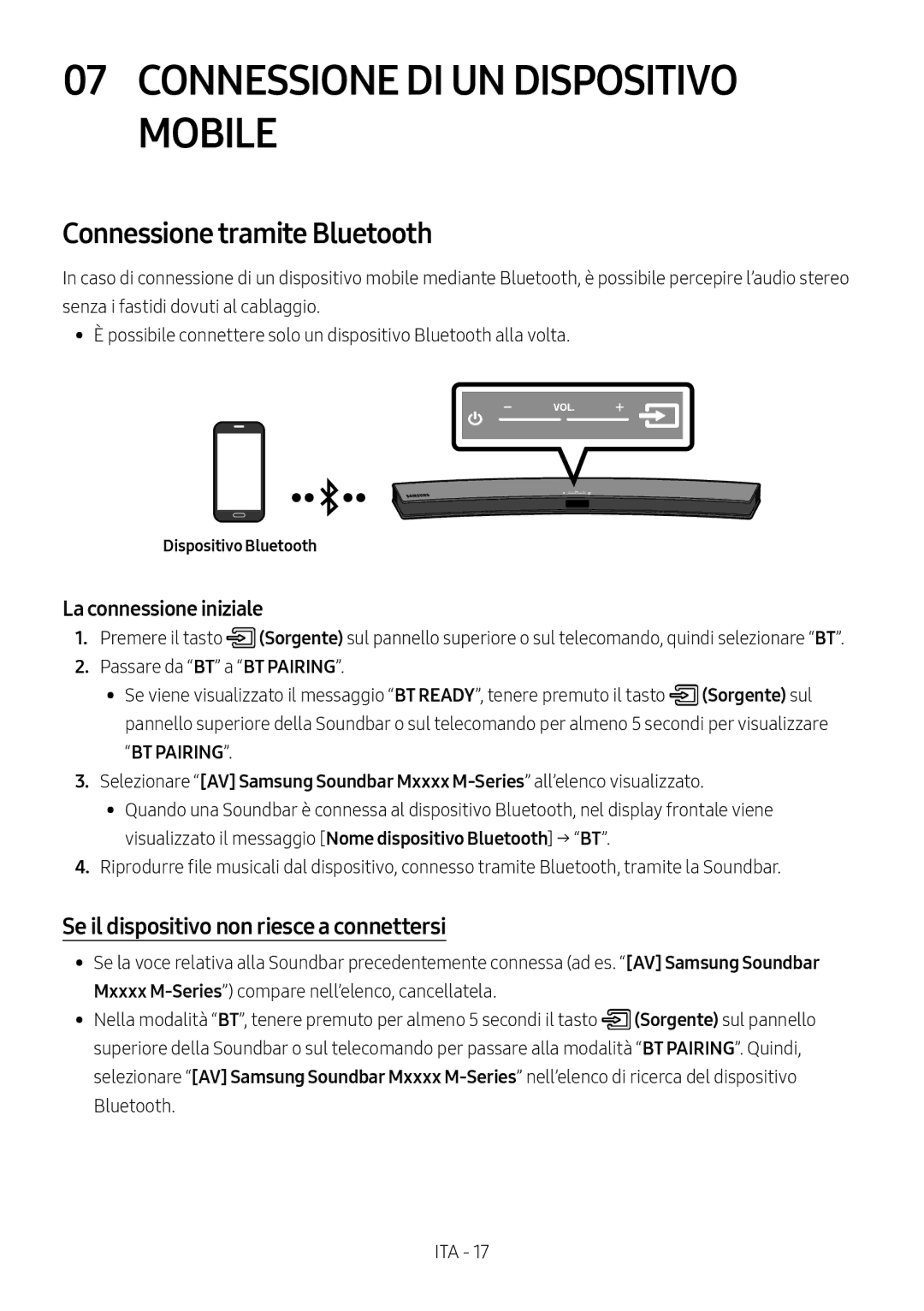 Samsung HW-M4500/ZF manual Connessione DI UN Dispositivo Mobile, Connessione tramite Bluetooth, Dispositivo Bluetooth 