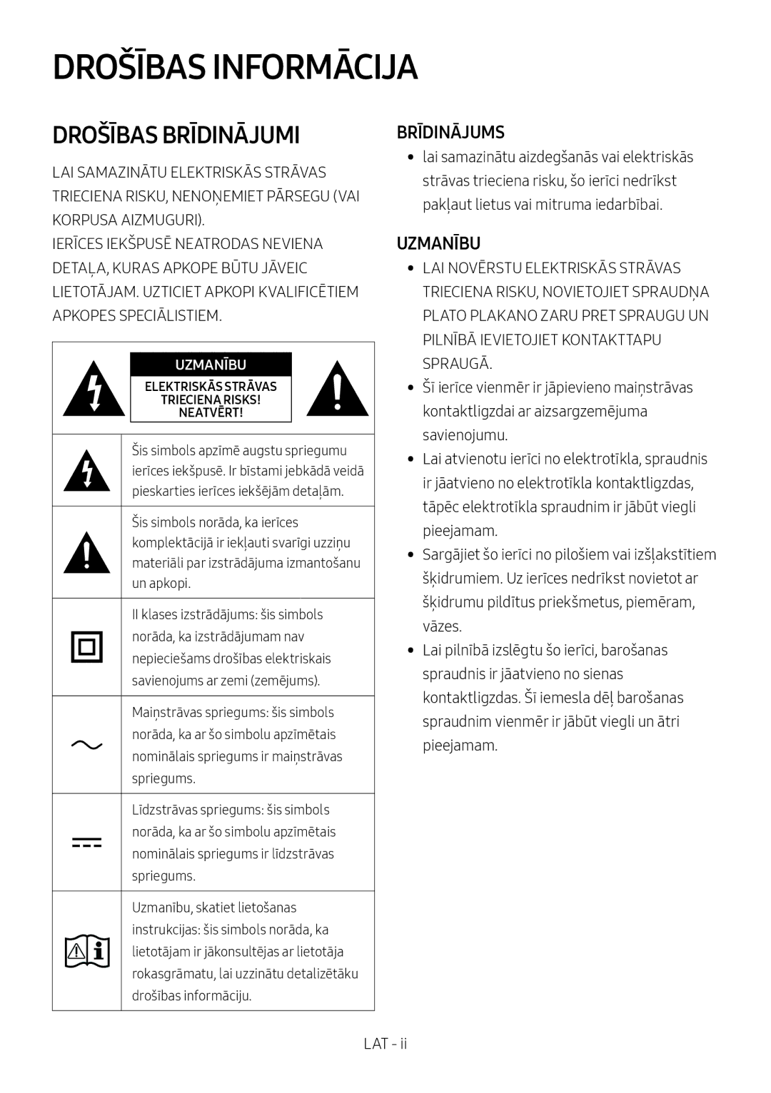 Samsung HW-M4511/XE, HW-M4500/ZG, HW-M4500/EN, HW-M4500/ZF, HW-M4501/ZF manual Drošības Informācija, Drošības Brīdinājumi 