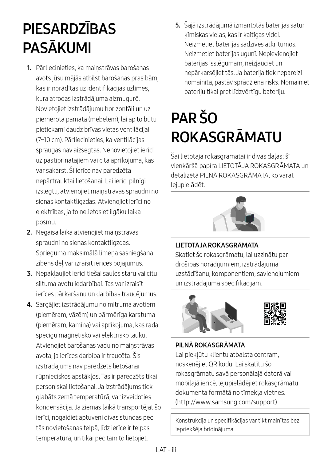 Samsung HW-M4510/XE, HW-M4500/ZG, HW-M4500/EN, HW-M4500/ZF Piesardzības Pasākumi, Lietotāja Rokasgrāmata, Pilnā Rokasgrāmata 