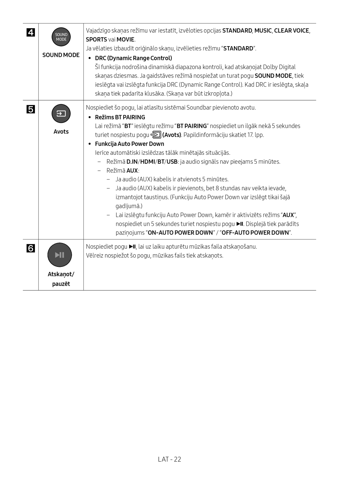 Samsung HW-M4500/EN manual Sports vai Movie, Skaņa tiek padarīta klusāka. Skaņa var būt izkropļota, Režīms BT Pairing Avots 