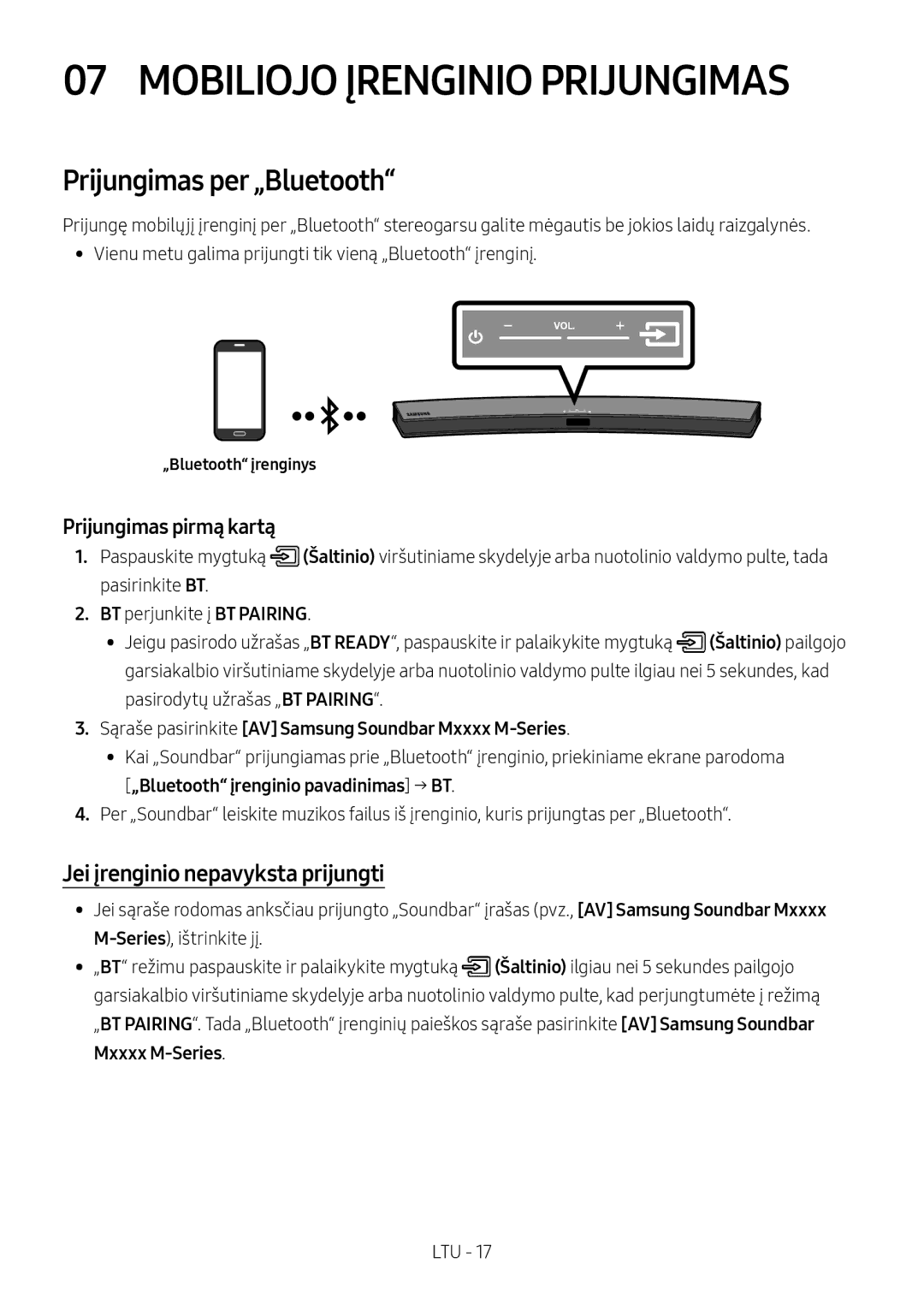 Samsung HW-M4501/EN manual Mobiliojo Įrenginio Prijungimas, Prijungimas per „Bluetooth, Jei įrenginio nepavyksta prijungti 