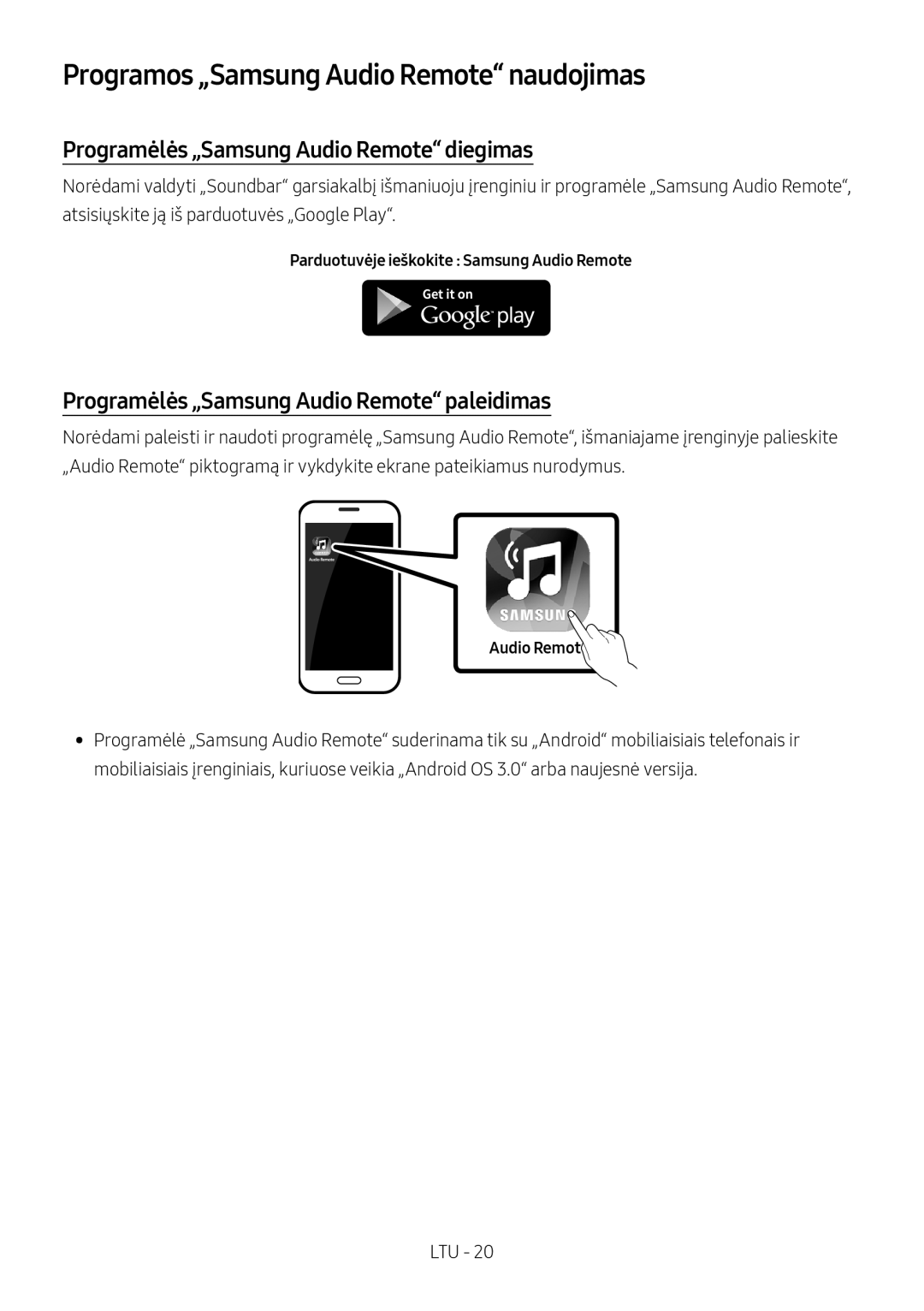 Samsung HW-M4500/ZG, HW-M4500/EN Programos „Samsung Audio Remote naudojimas, Programėlės „Samsung Audio Remote diegimas 