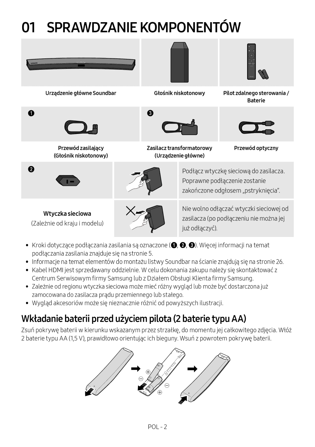 Samsung HW-M4501/EN, HW-M4500/ZG manual Sprawdzanie Komponentów, Wkładanie baterii przed użyciem pilota 2 baterie typu AA 