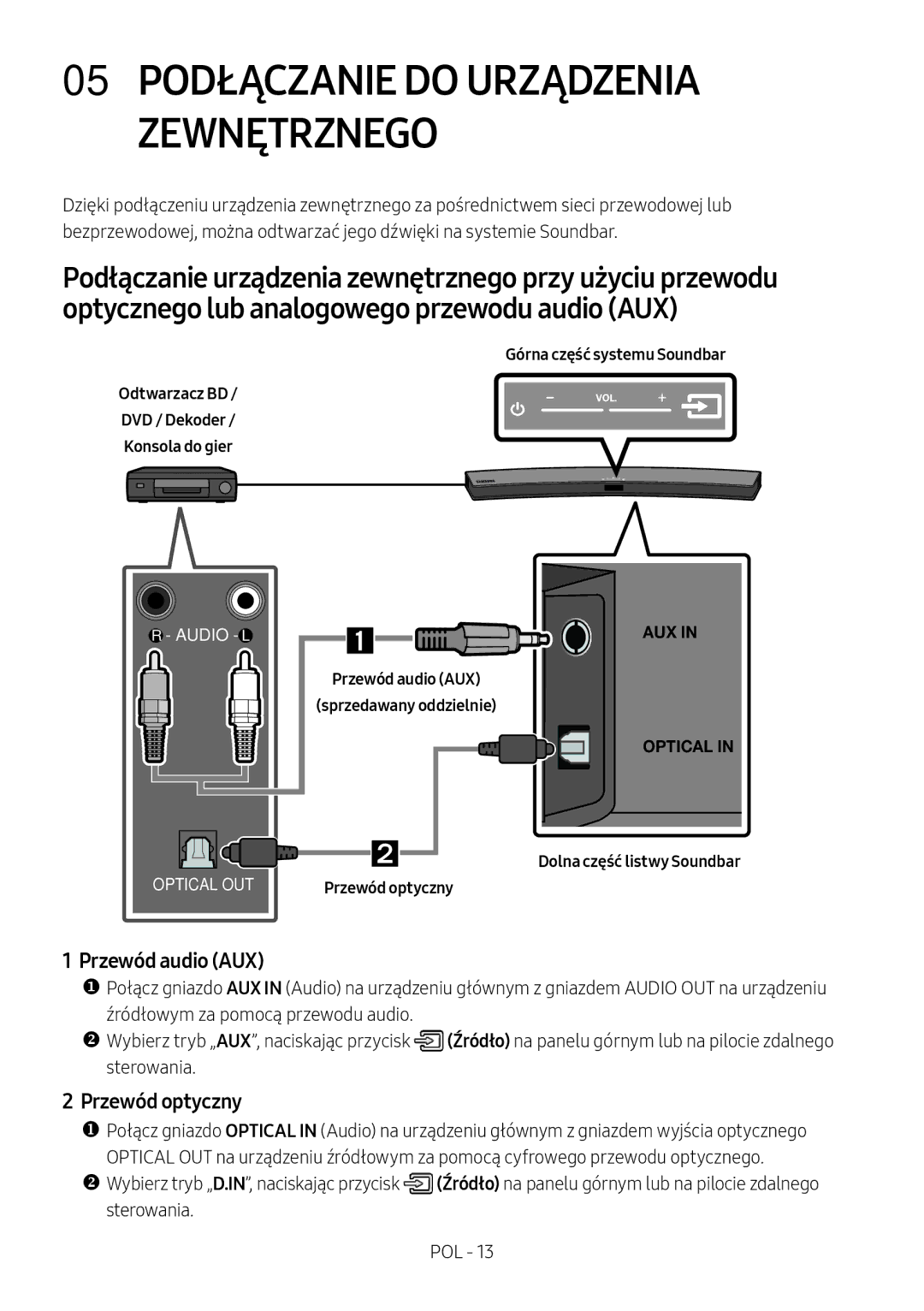 Samsung HW-M4500/EN, HW-M4500/ZG, HW-M4500/ZF, HW-M4501/ZF, HW-M4501/EN, HW-M4511/XE manual Przewód audio AUX, Przewód optyczny 