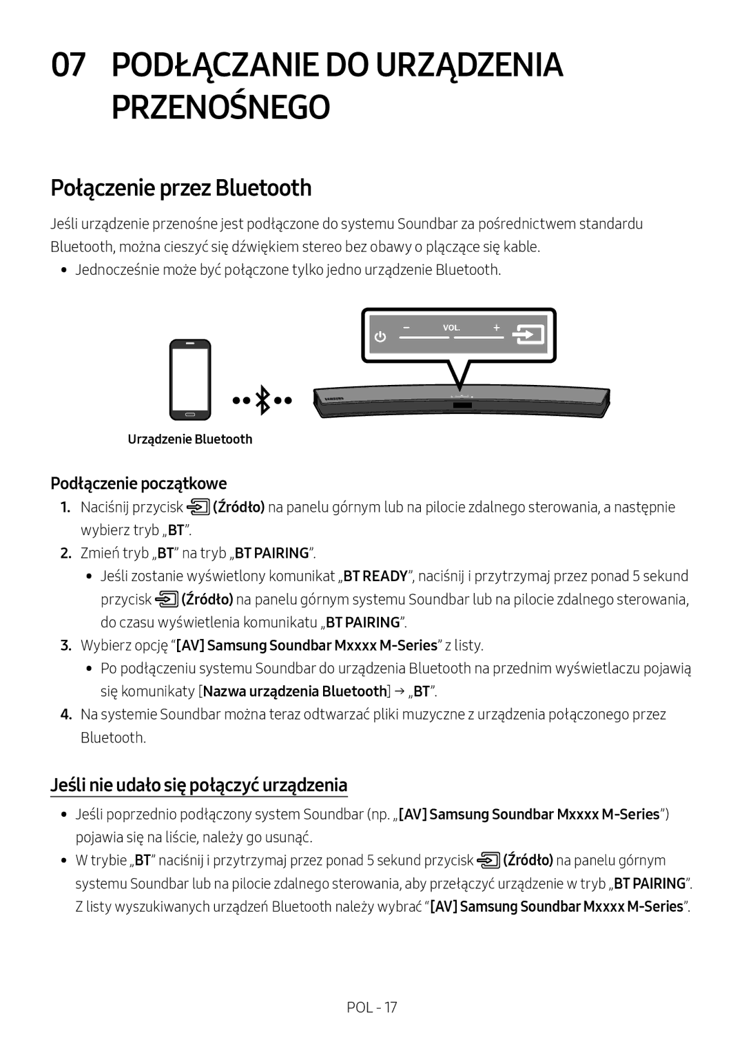 Samsung HW-M4511/XE, HW-M4500/ZG Połączenie przez Bluetooth, Jeśli nie udało się połączyć urządzenia, Urządzenie Bluetooth 