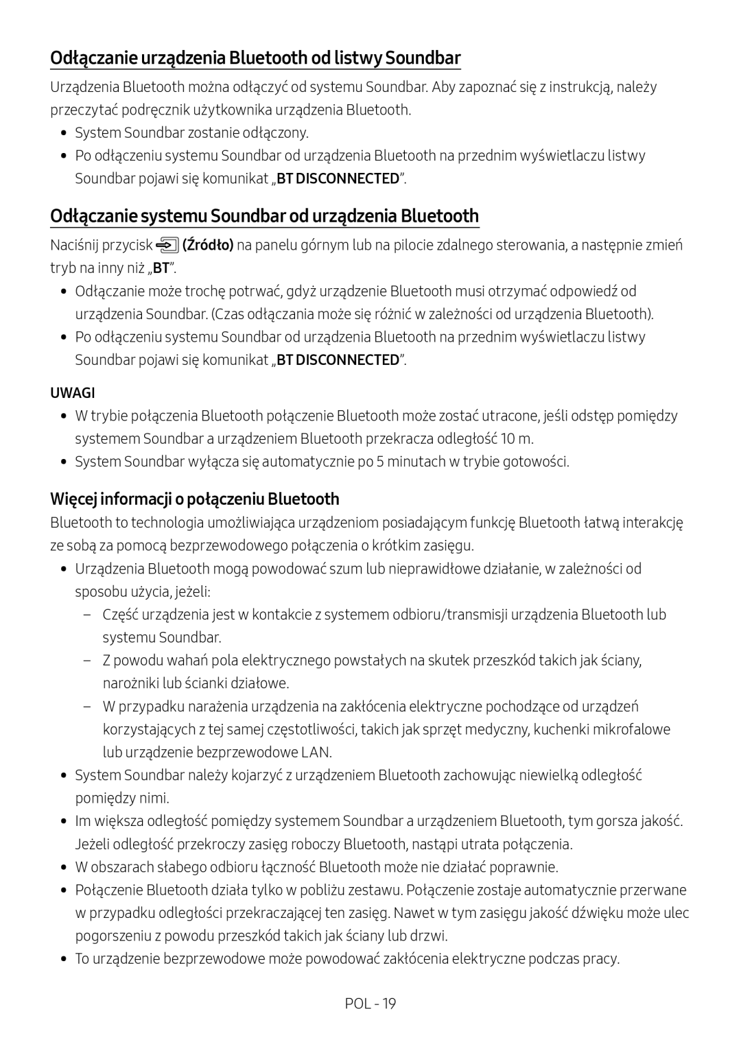 Samsung HW-M4500/ZG manual Odłączanie urządzenia Bluetooth od listwy Soundbar, Więcej informacji o połączeniu Bluetooth 