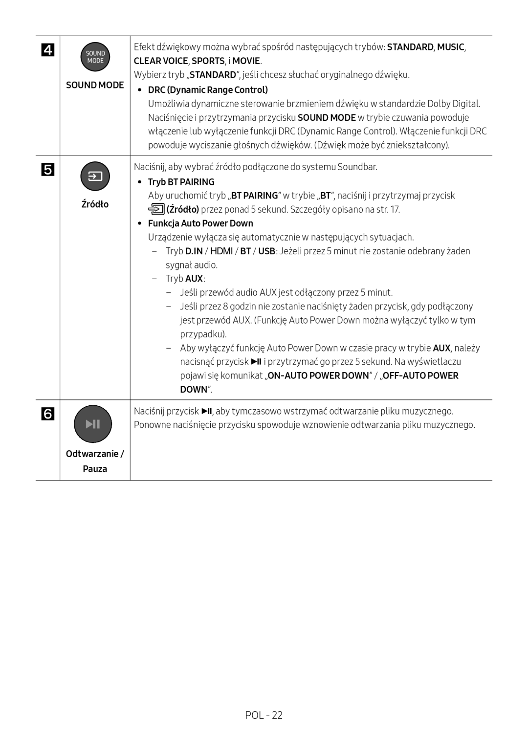 Samsung HW-M4501/ZF Clear VOICE, SPORTS, i Movie, Tryb BT Pairing, Źródło, Funkcja Auto Power Down, Odtwarzanie Pauza 