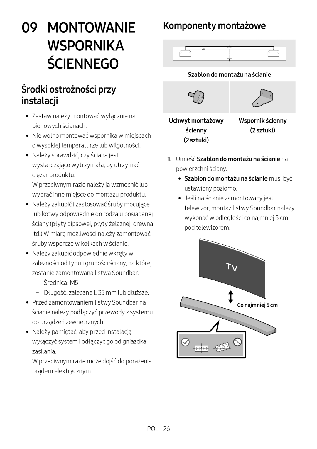 Samsung HW-M4500/ZG, HW-M4500/EN Środki ostrożności przy instalacji, Komponenty montażowe, Szablon do montażu na ścianie 