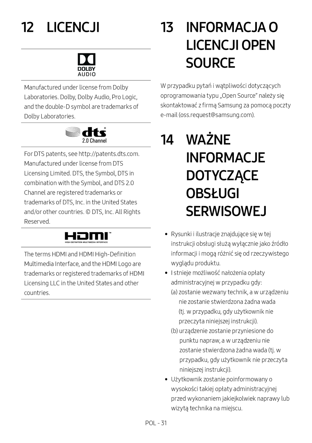 Samsung HW-M4511/XE, HW-M4500/ZG, HW-M4500/EN manual Licencji, Source, Ważne, Informacje, Dotyczące, Obsługi, Serwisowej 