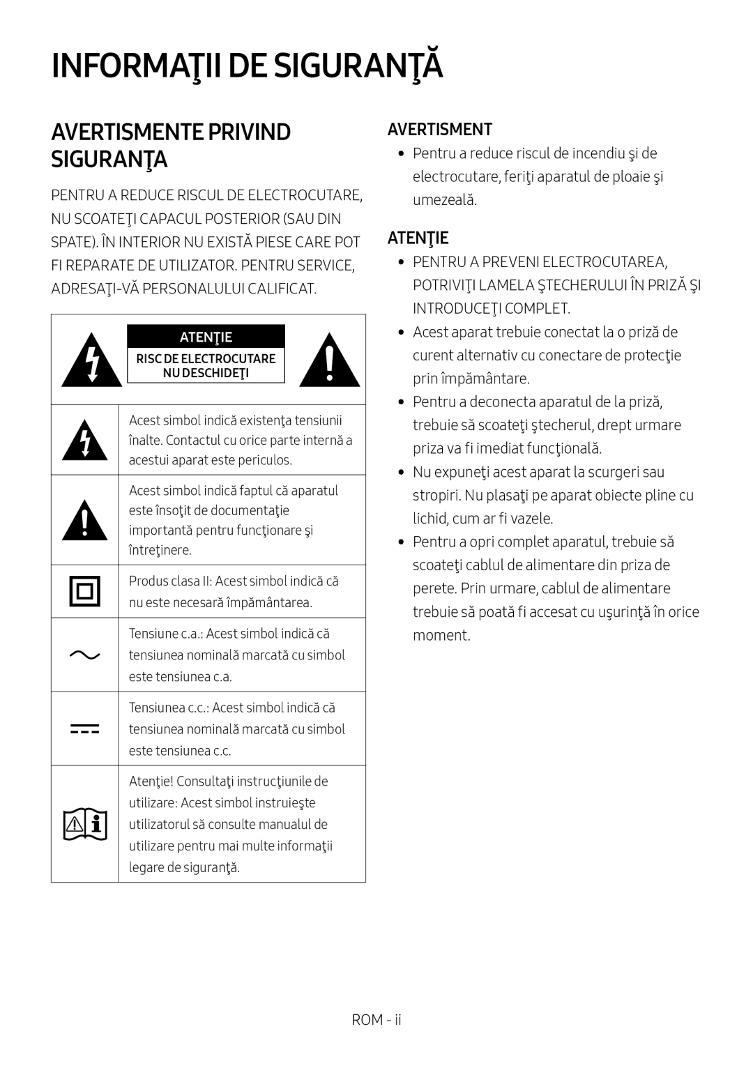 Samsung HW-M4500/EN, HW-M4500/ZG, HW-M4500/ZF, HW-M4501/ZF manual Informaţii DE Siguranţă, Avertismente Privind Siguranţa 