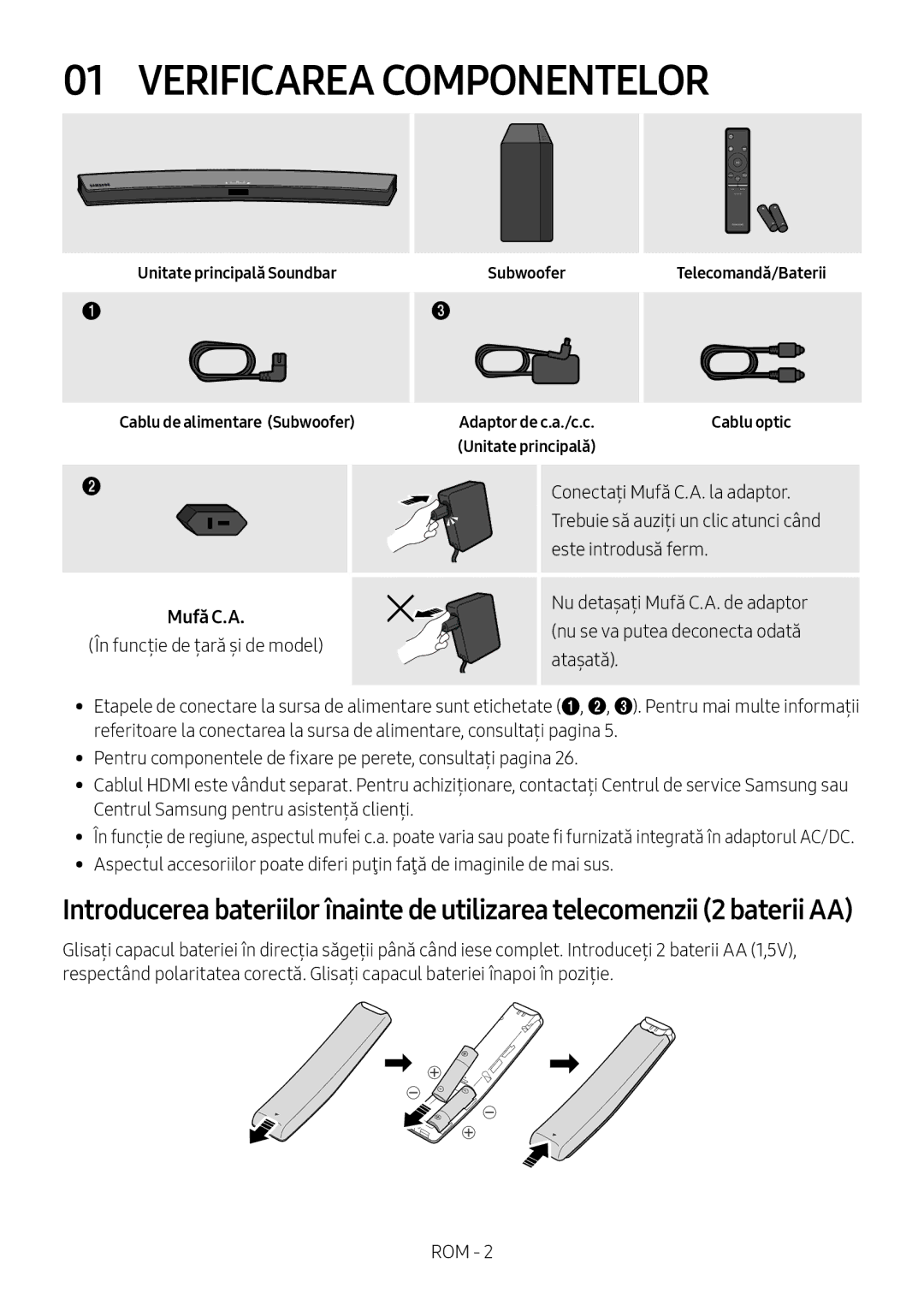 Samsung HW-M4511/XE, HW-M4500/ZG, HW-M4500/EN, HW-M4500/ZF manual Verificarea Componentelor, Unitate principală, Mufă C.A 