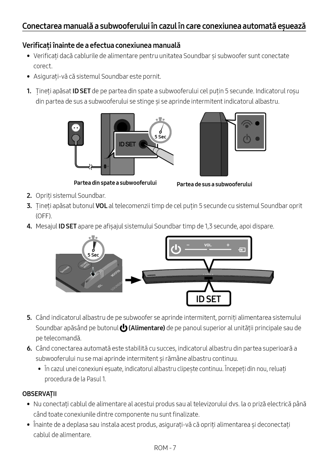 Samsung HW-M4501/ZF Verificați înainte de a efectua conexiunea manuală, Observații, Partea din spate a subwooferului 