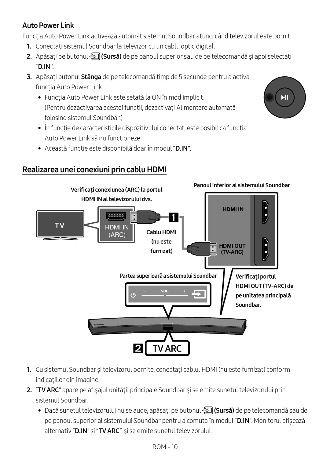 Samsung HW-M4510/XE manual Realizarea unei conexiuni prin cablu Hdmi, ARC Cablu Hdmi nu este Furnizat, Verificați portul 