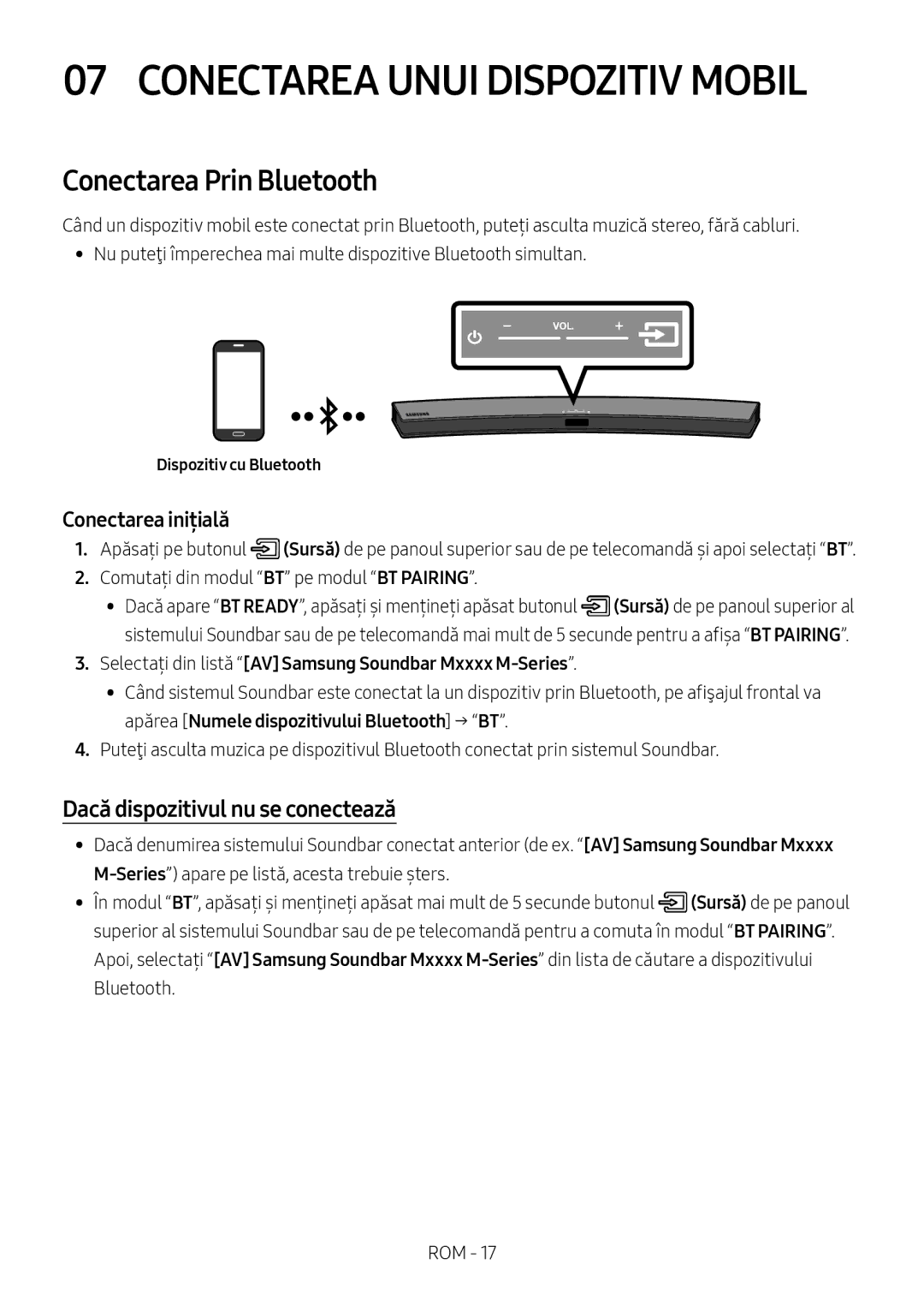 Samsung HW-M4510/XE manual Conectarea Unui Dispozitiv Mobil, Conectarea Prin Bluetooth, Dacă dispozitivul nu se conectează 