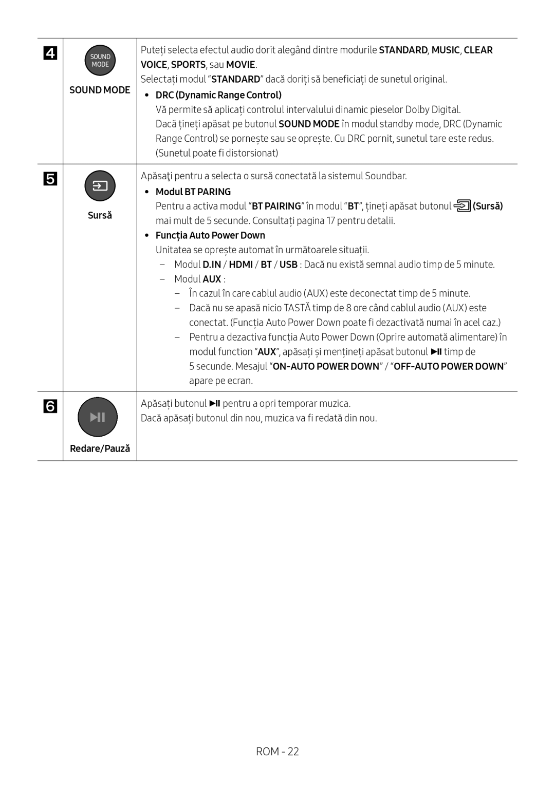 Samsung HW-M4501/EN, HW-M4500/ZG VOICE, SPORTS, sau Movie, Modul BT Paring Sursă, Funcția Auto Power Down, Redare/Pauză 