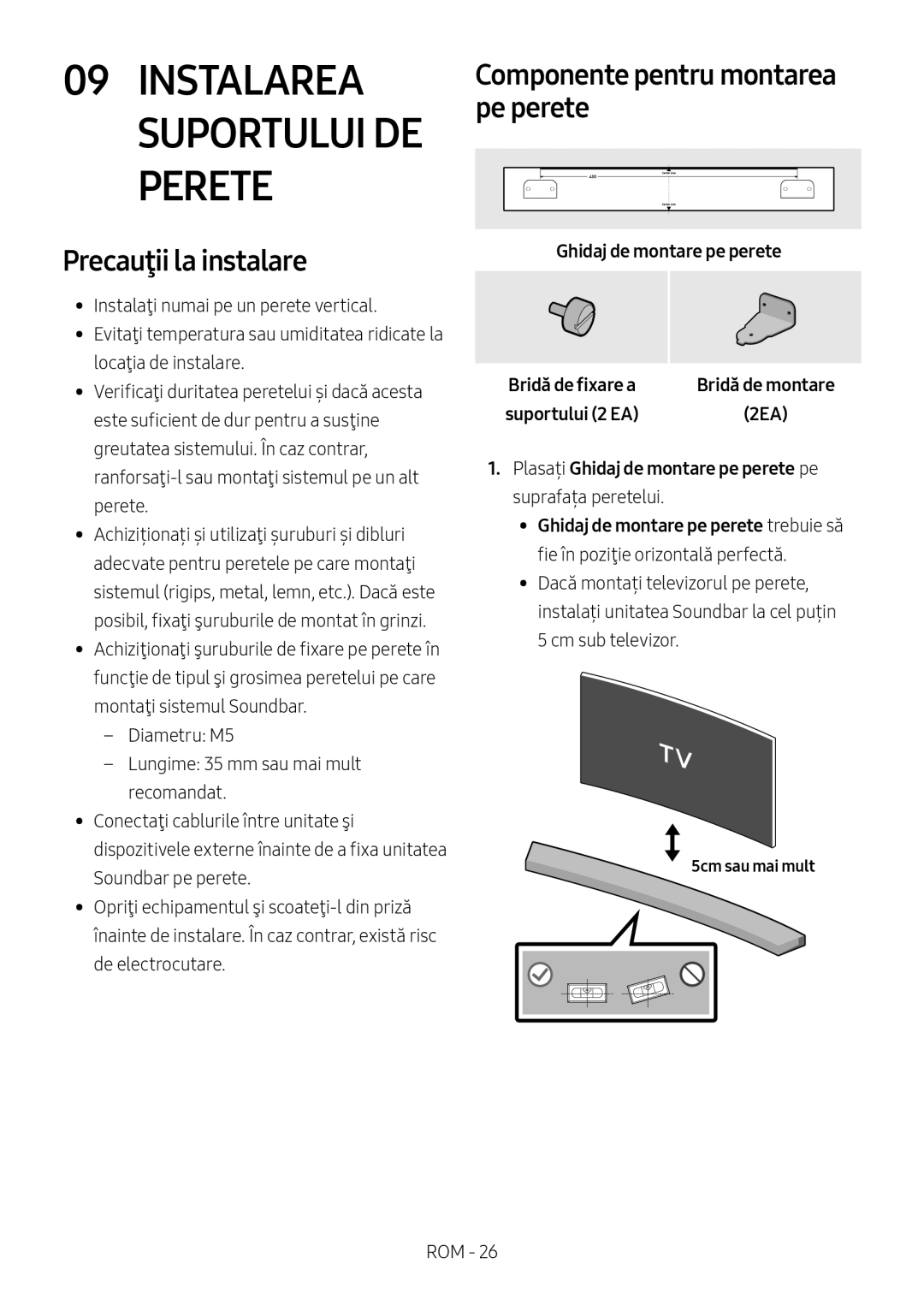 Samsung HW-M4500/EN manual Instalarea Suportului DE Perete, Componente pentru montarea pe perete, Precauţii la instalare 