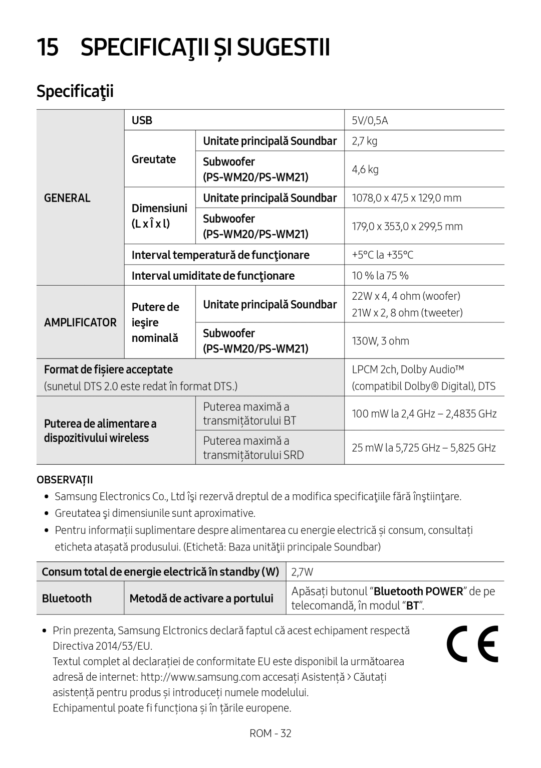 Samsung HW-M4500/ZG, HW-M4500/EN, HW-M4500/ZF, HW-M4501/ZF, HW-M4501/EN, HW-M4511/XE, HW-M4510/XE manual Specificaţii 