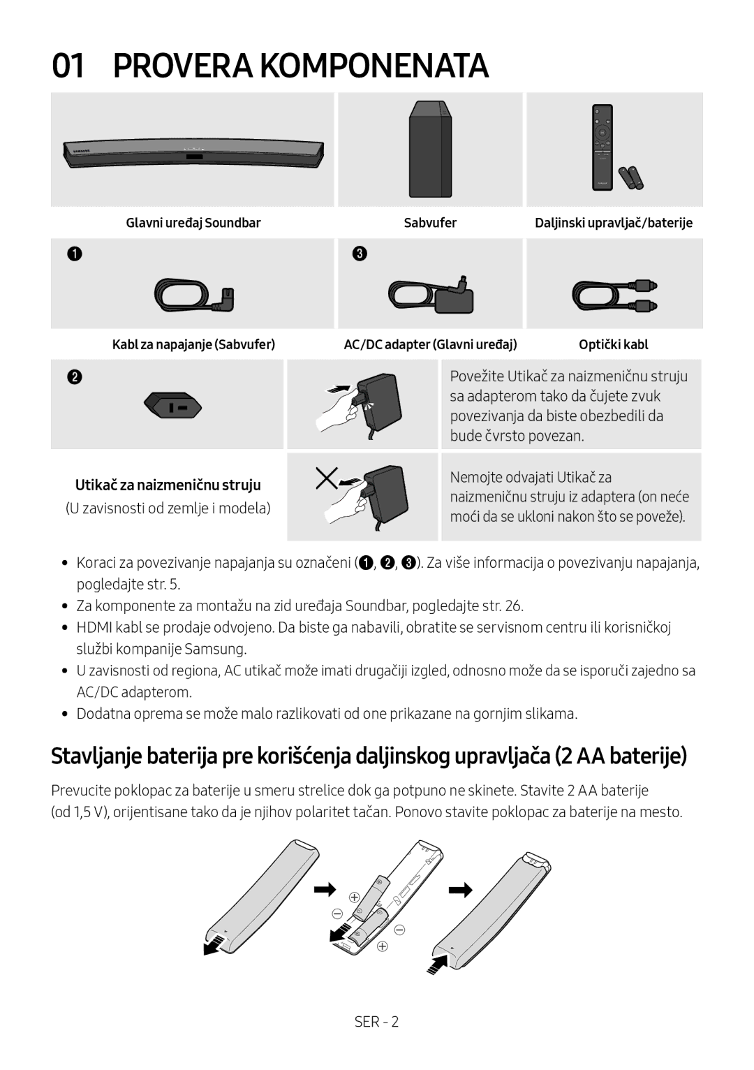 Samsung HW-M4510/XE manual Provera Komponenata, Glavni uređaj Soundbar Sabvufer, AC/DC adapter Glavni uređaj Optički kabl 