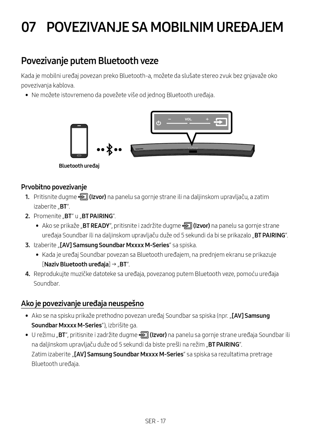 Samsung HW-M4500/ZG, HW-M4500/EN, HW-M4500/ZF manual Povezivanje putem Bluetooth veze, Ako je povezivanje uređaja neuspešno 