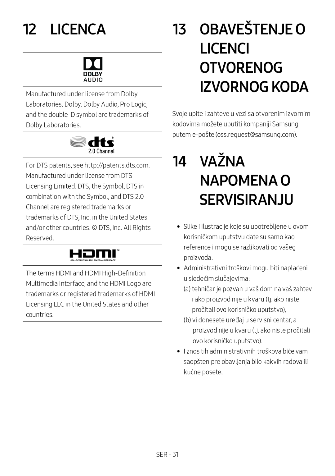 Samsung HW-M4500/ZG, HW-M4500/EN, HW-M4500/ZF, HW-M4501/ZF, HW-M4501/EN manual Obaveštenje O Licenci Otvorenog Izvornog Koda 