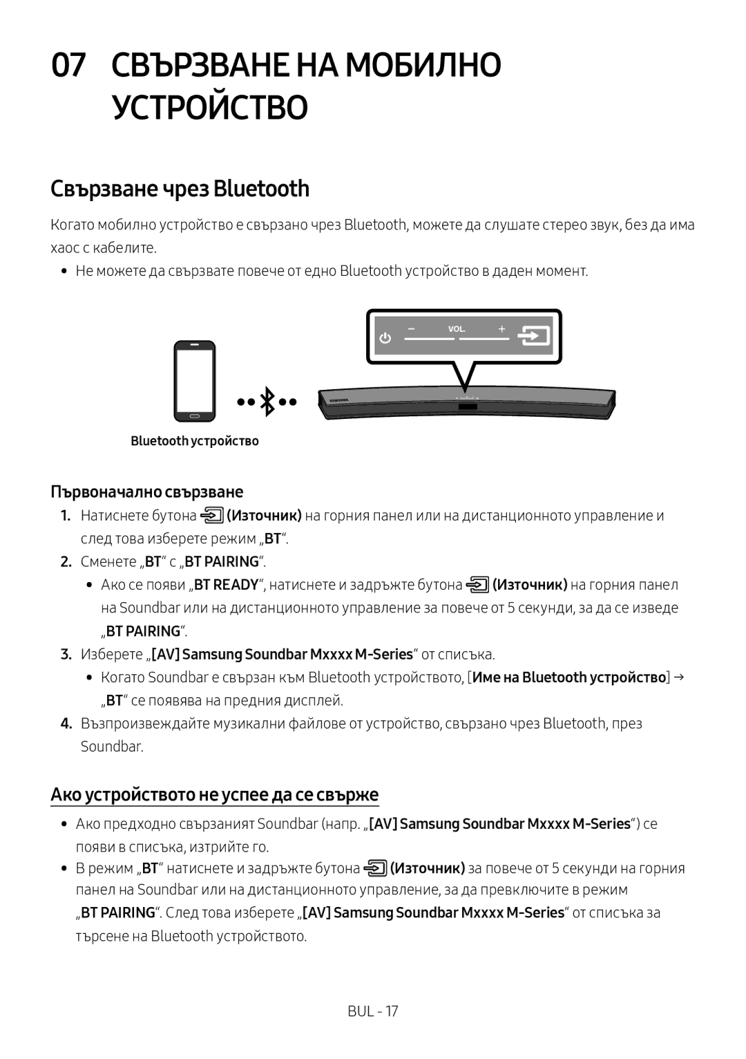 Samsung HW-M4500/EN, HW-M4500/ZG Свързване чрез Bluetooth, Ако устройството не успее да се свърже, Bluetooth устройство 