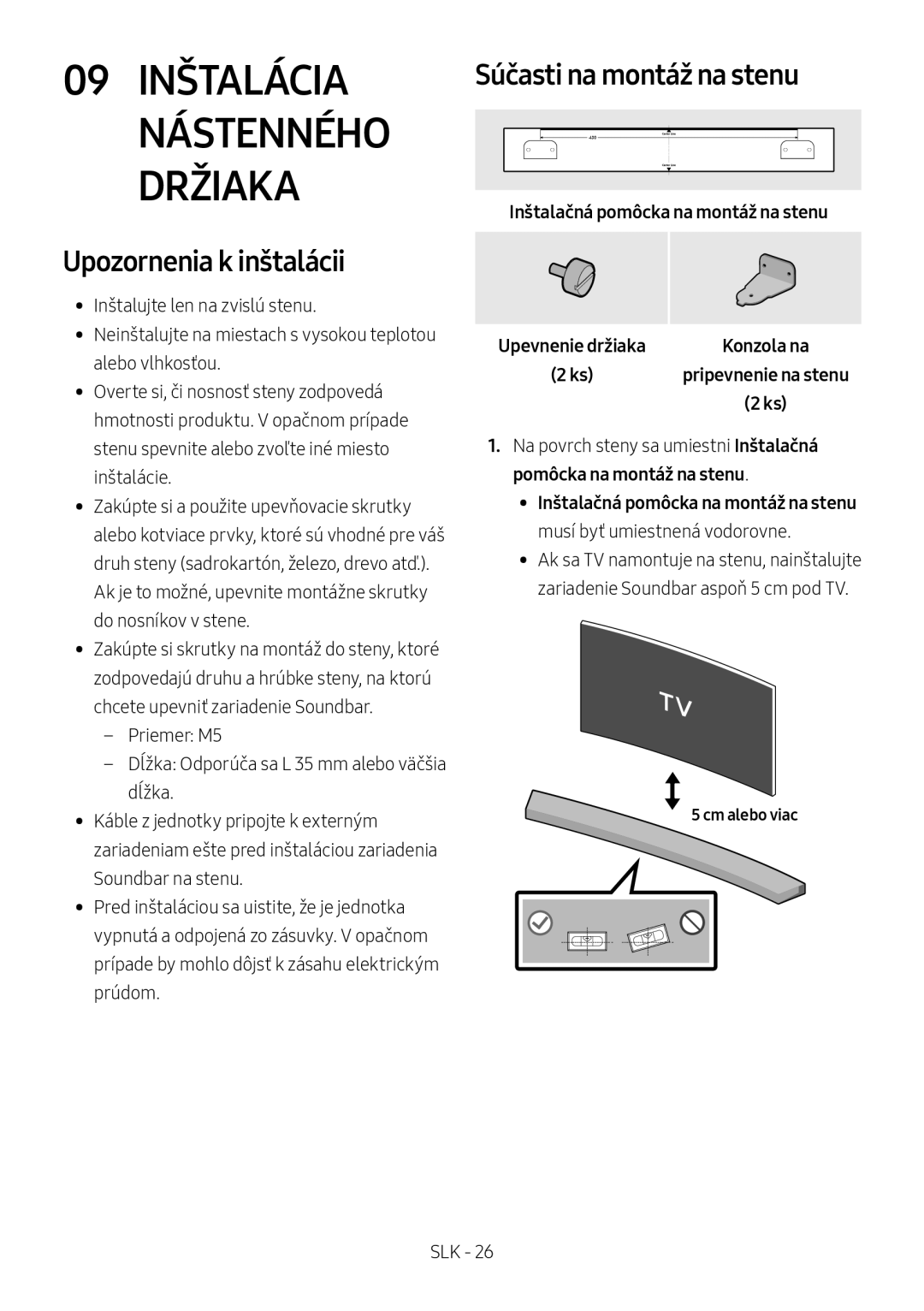 Samsung HW-M4501/ZF 09 Inštalácia Nástenného Držiaka, Upozornenia k inštalácii, Súčasti na montáž na stenu, Cm alebo viac 