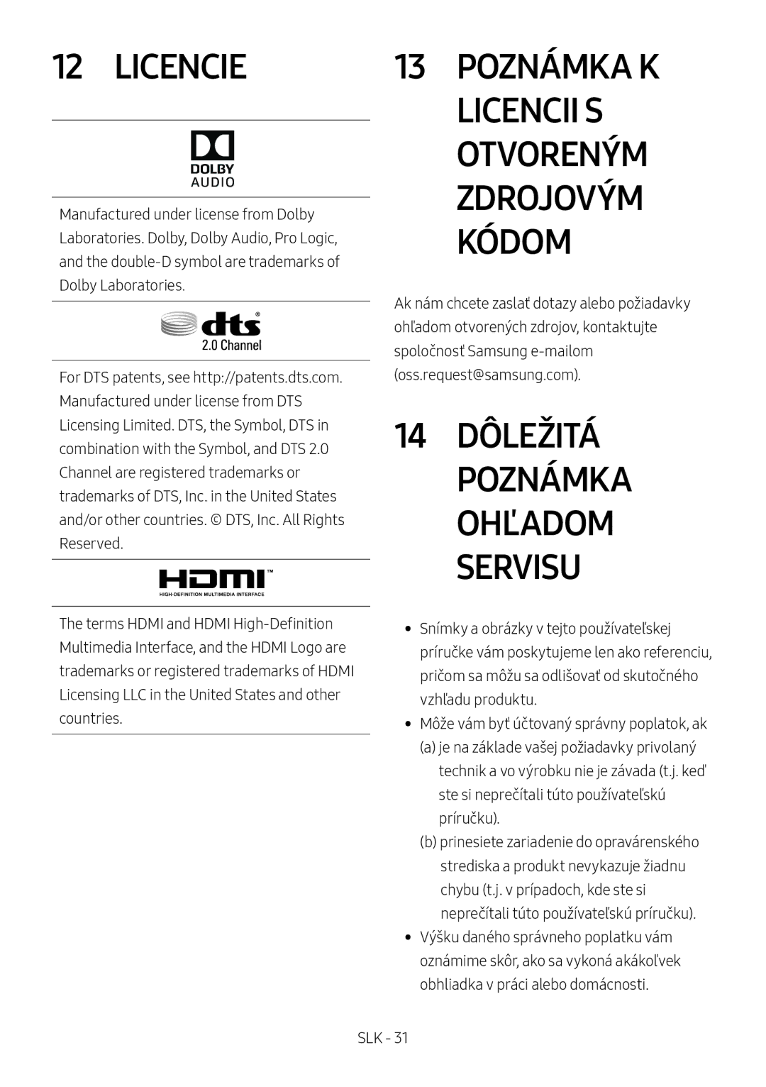 Samsung HW-M4500/EN, HW-M4500/ZG, HW-M4500/ZF, HW-M4501/ZF, HW-M4501/EN, HW-M4511/XE manual Licencie, 14 Dôležitá Poznámka 