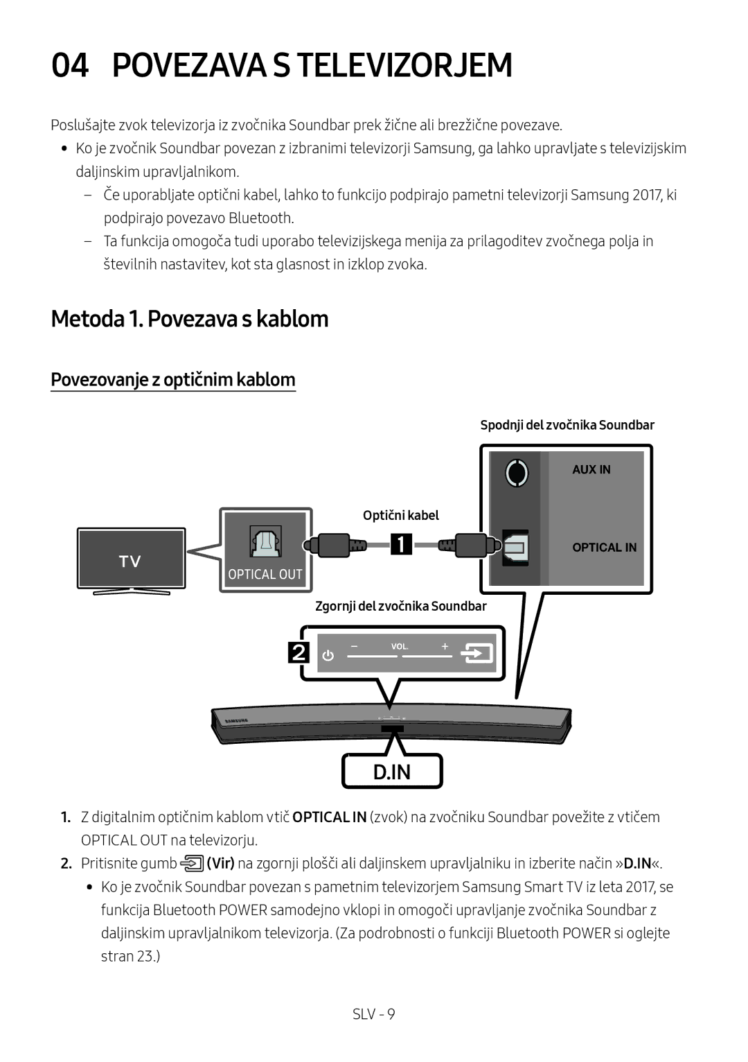 Samsung HW-M4500/EN, HW-M4500/ZG manual Povezava S Televizorjem, Metoda 1. Povezava s kablom, Povezovanje z optičnim kablom 