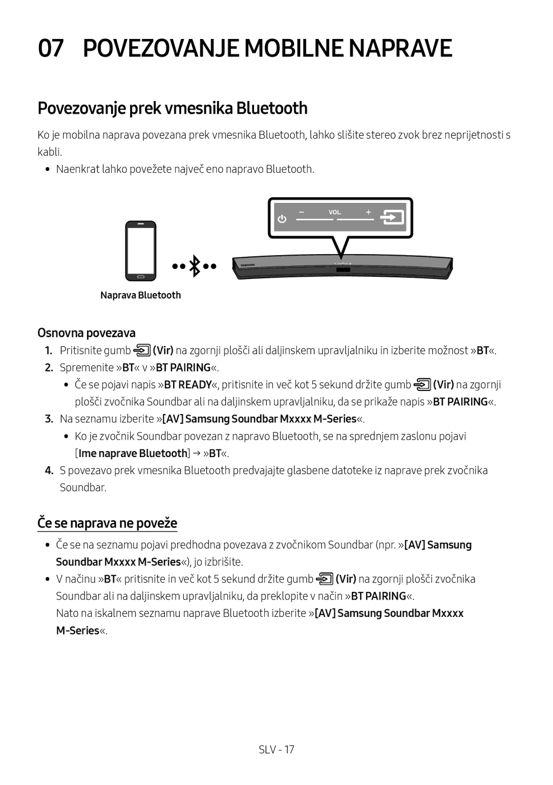 Samsung HW-M4500/ZF, HW-M4500/ZG Povezovanje Mobilne Naprave, Povezovanje prek vmesnika Bluetooth, Če se naprava ne poveže 