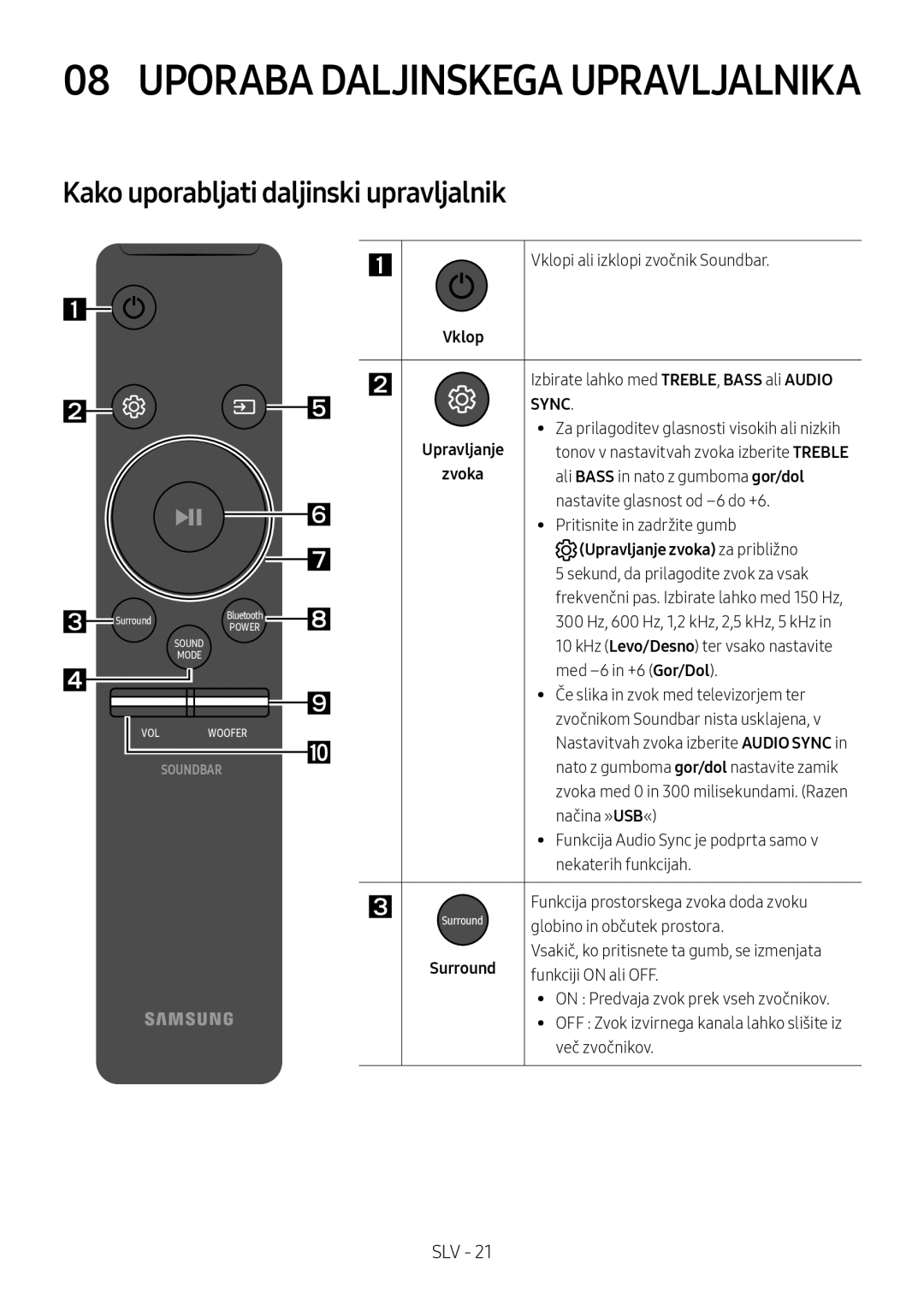 Samsung HW-M4510/XE, HW-M4500/ZG, HW-M4500/EN manual Kako uporabljati daljinski upravljalnik, Upravljanje zvoka za približno 