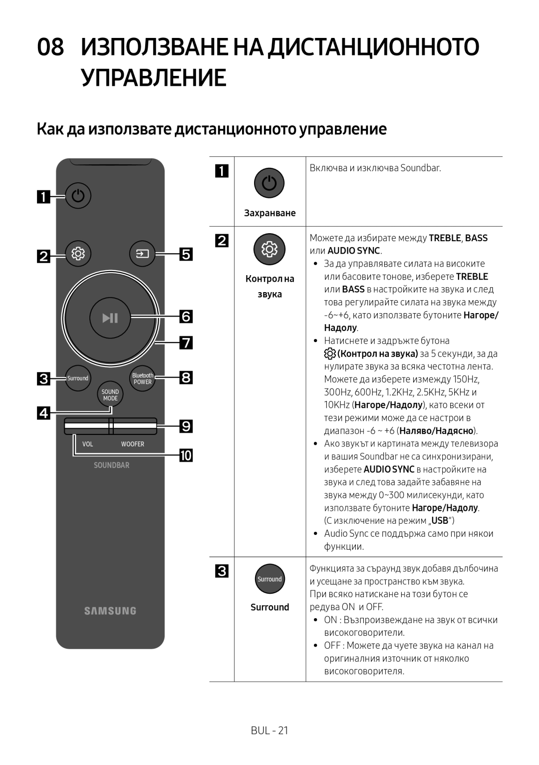 Samsung HW-M4511/XE, HW-M4500/ZG, HW-M4500/EN Как да използвате дистанционното управление, Или Audio Sync, Надолу, Surround 