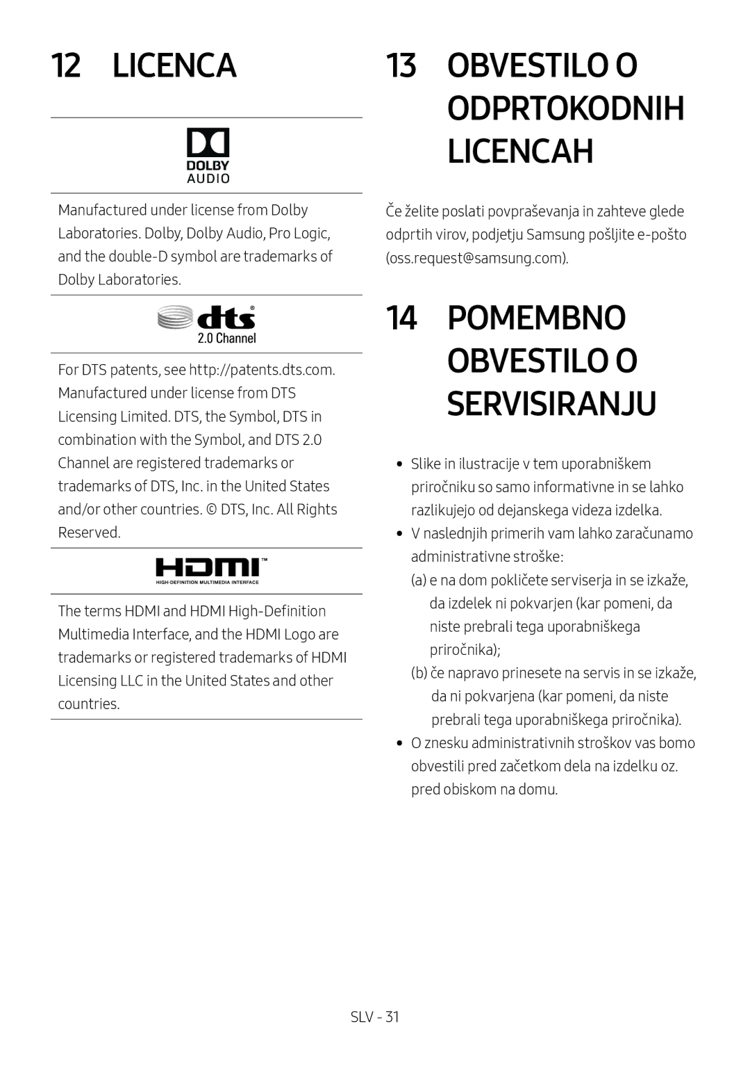 Samsung HW-M4500/ZF, HW-M4500/ZG, HW-M4500/EN, HW-M4501/ZF, HW-M4501/EN, HW-M4511/XE manual Obvestilo O, Odprtokodnih Licencah 