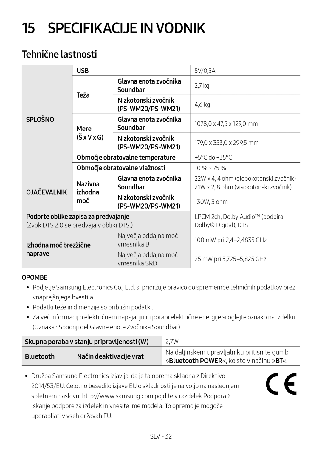 Samsung HW-M4501/ZF, HW-M4500/ZG, HW-M4500/EN, HW-M4500/ZF, HW-M4501/EN manual Specifikacije in Vodnik, Tehnične lastnosti 