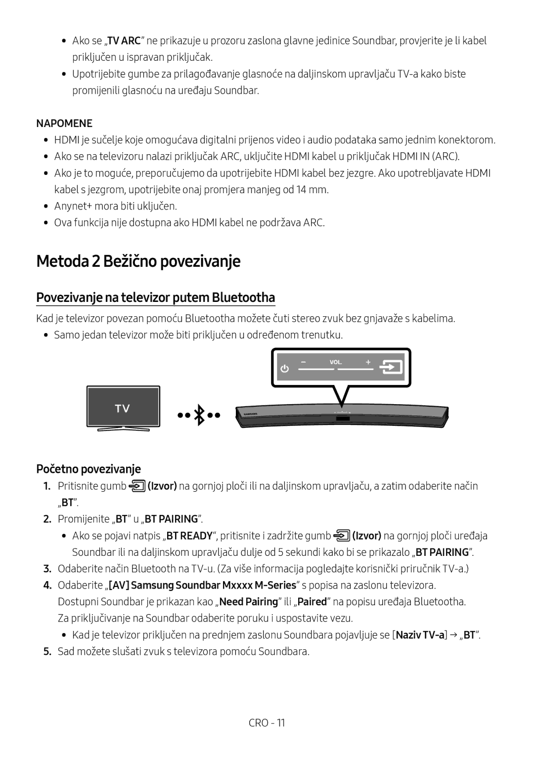 Samsung HW-M4501/ZF manual Metoda 2 Bežično povezivanje, Povezivanje na televizor putem Bluetootha, Početno povezivanje 