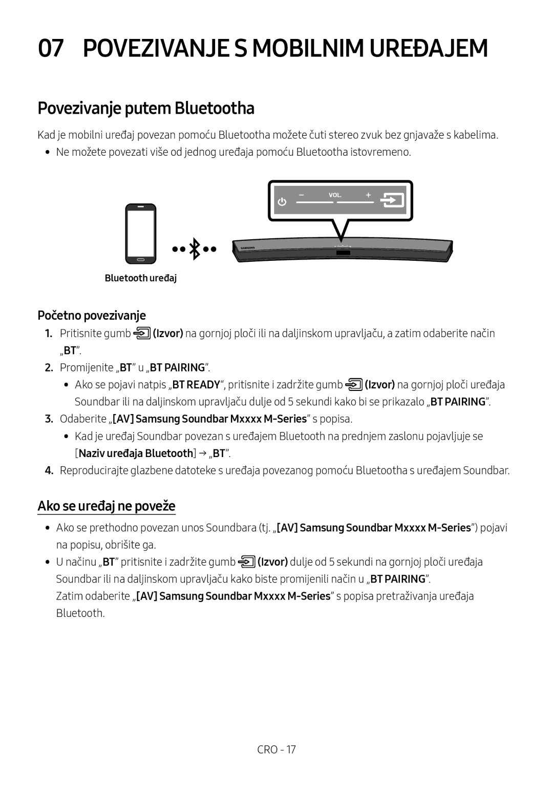 Samsung HW-M4500/ZF, HW-M4500/ZG, HW-M4500/EN manual Povezivanje putem Bluetootha, Ako se uređaj ne poveže, Bluetooth uređaj 