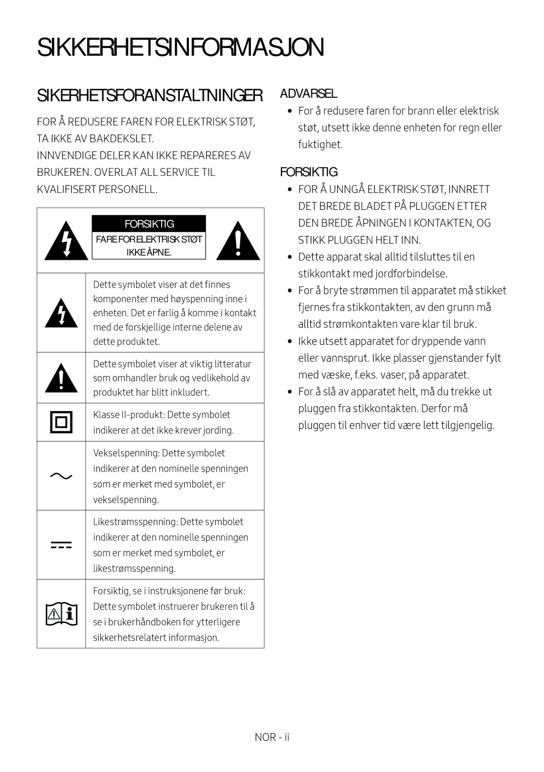 Samsung HW-M4511/XE, HW-M4500/ZG, HW-M4500/EN, HW-M4500/ZF, HW-M4501/ZF manual Sikkerhetsinformasjon, Sikerhetsforanstaltninger 