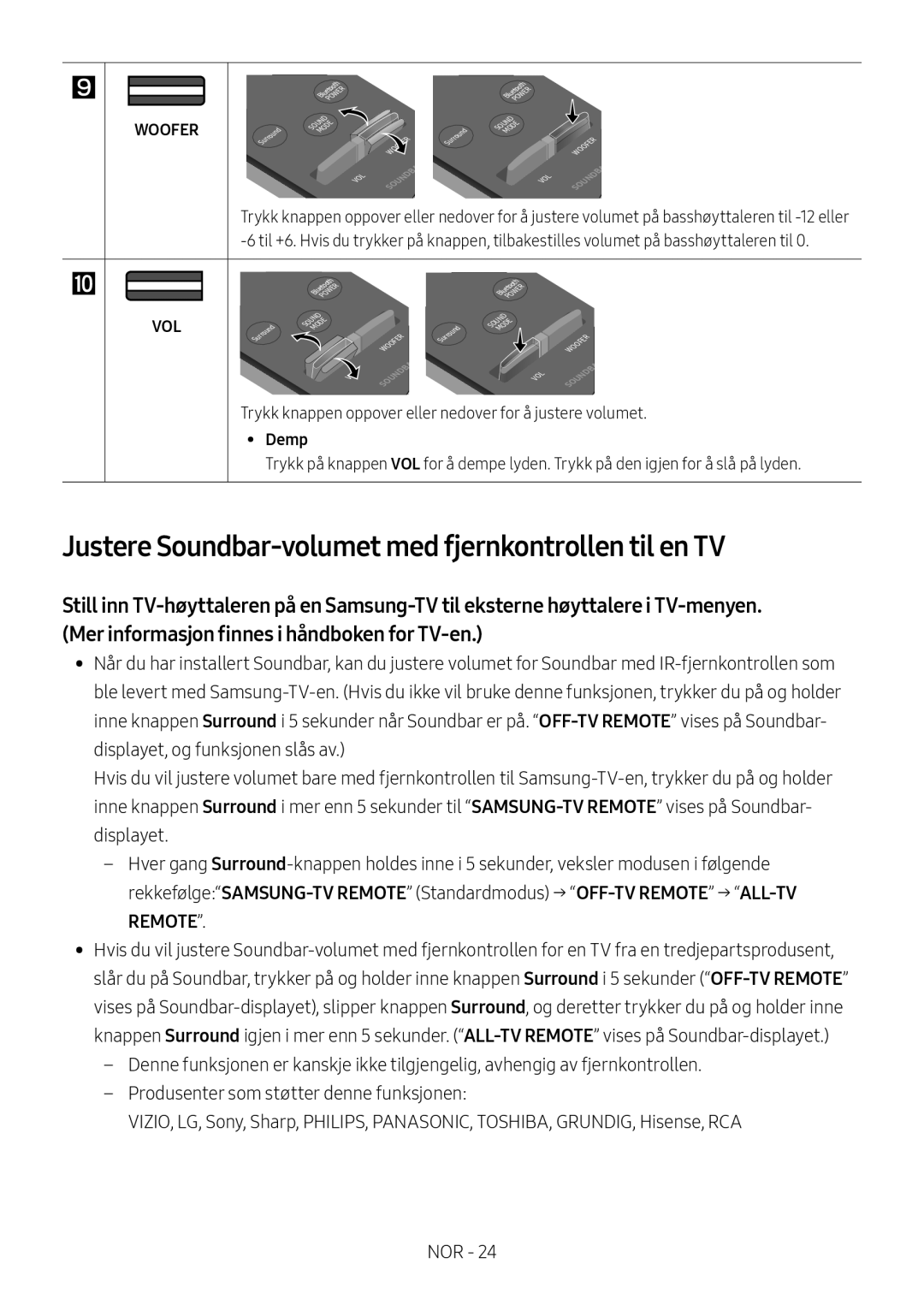 Samsung HW-M4501/ZF, HW-M4500/ZG, HW-M4500/EN, HW-M4500/ZF manual Justere Soundbar-volumet med fjernkontrollen til en TV, Demp 